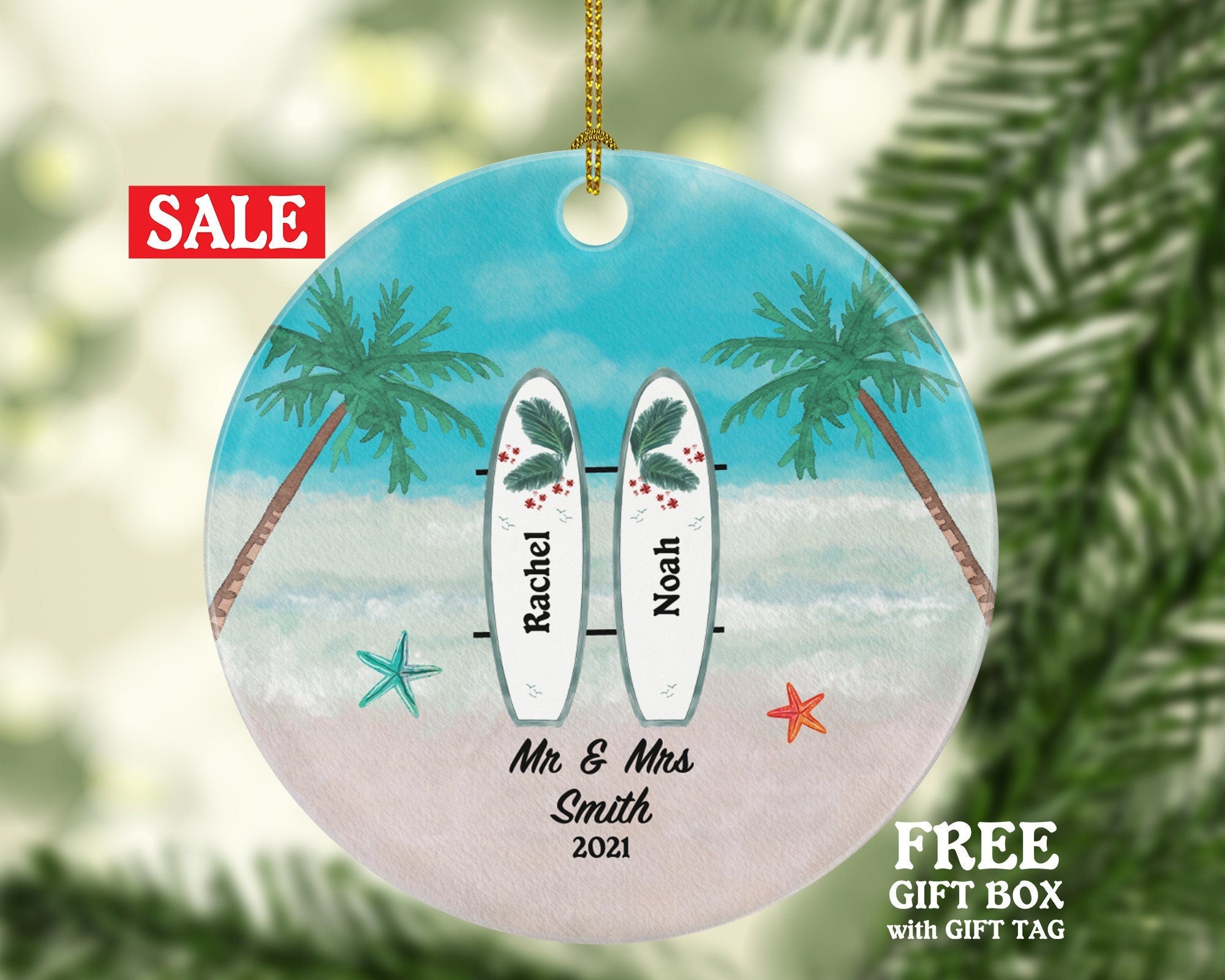 First Christmas as Mr & Mrs Beach Wedding Personalized Ornament - Custom Mr. and Mrs. Marriage - Couple Surfboard Surf Board Bride Groom