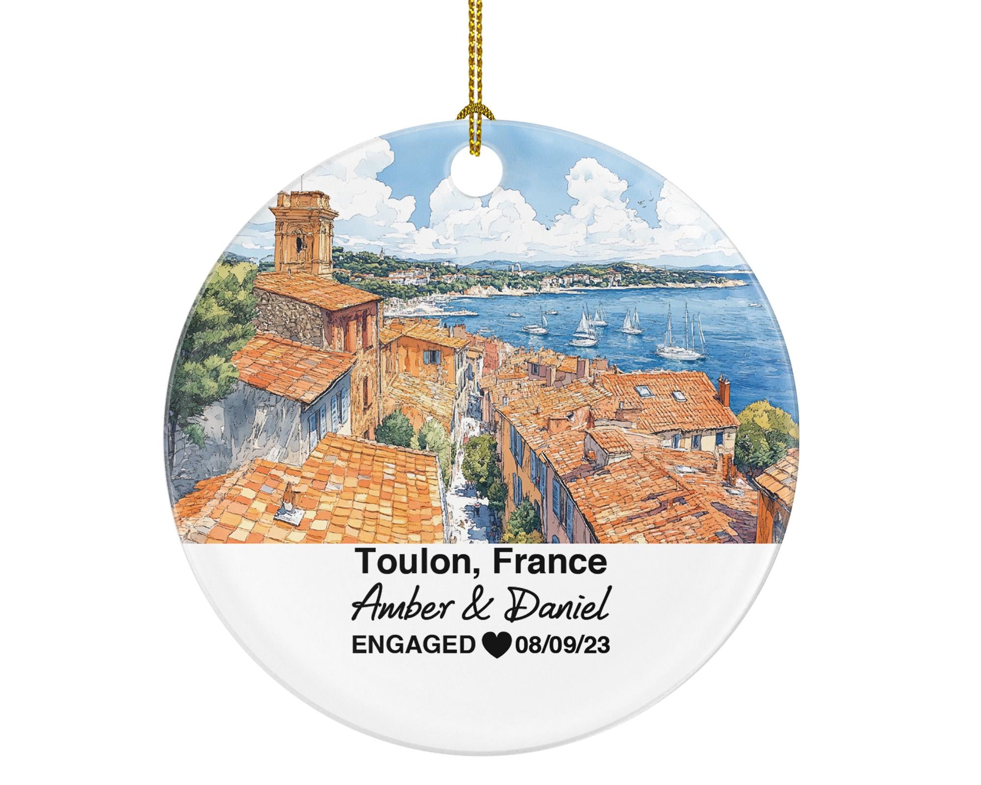 Personalized Toulon France Christmas Ornament, Mediterranean Sea, Mont Faron, Mr & Mrs Wedding, Engagement, or Honeymoon Keepsake to Couples