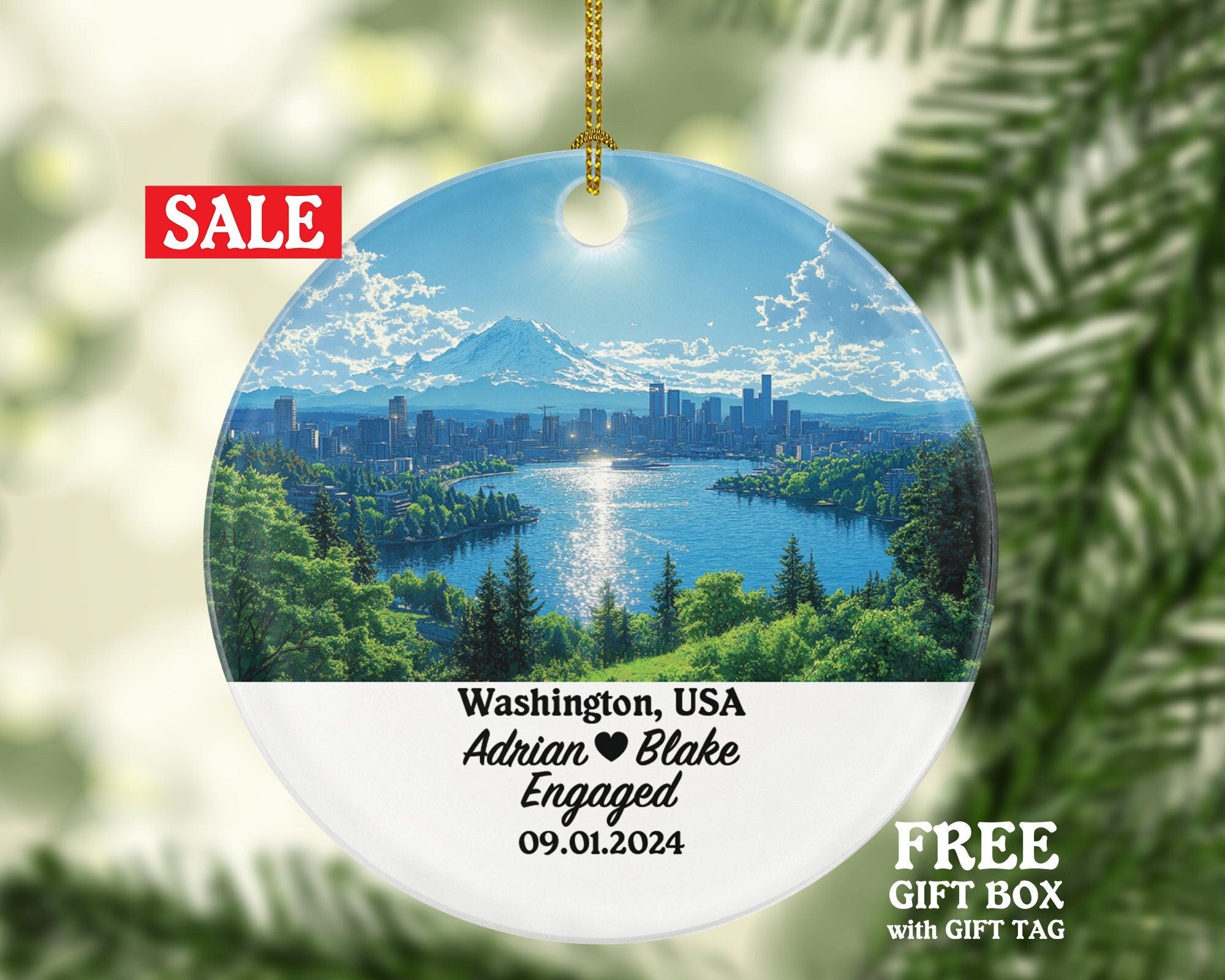 Washington Christmas Ornament Personalized - WA Engaged Married Family Together Couple Travel Honeymoon Engagement Marriage
