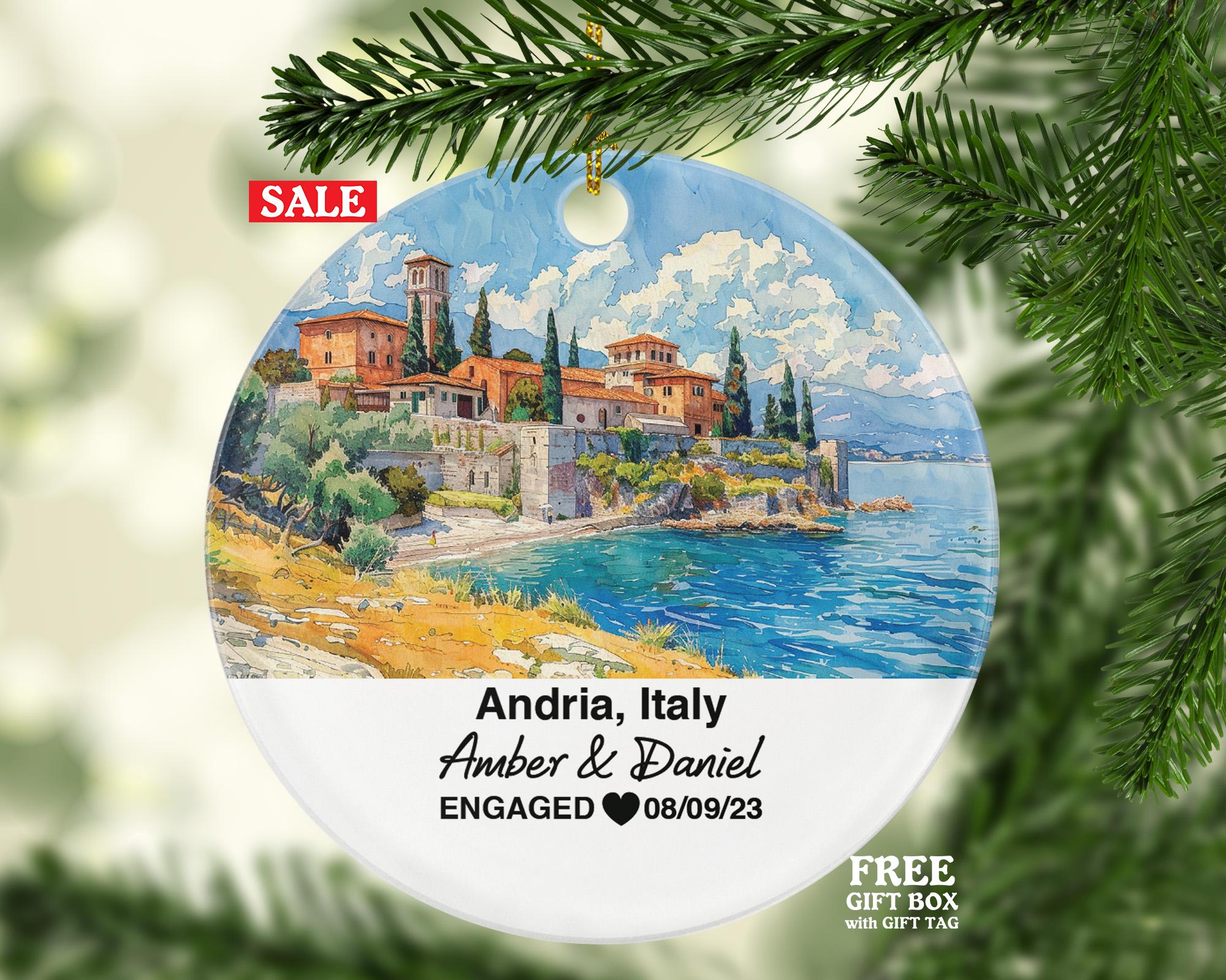 Personalized Andria Italy Christmas Ornament, Castel del Monte, Cathedral of Santa Maria, Mr & Mrs Wedding, Engagement, or Honeymoon Keepsake for Couples