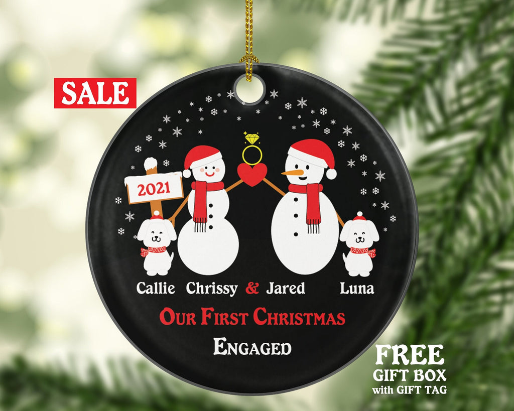 Personalized Engaged Ornament with 2 Dogs Pet Fur Family Dad Mom Owner Lover Engagement Ring Snowmen She Said Yes Couple Our First Christmas