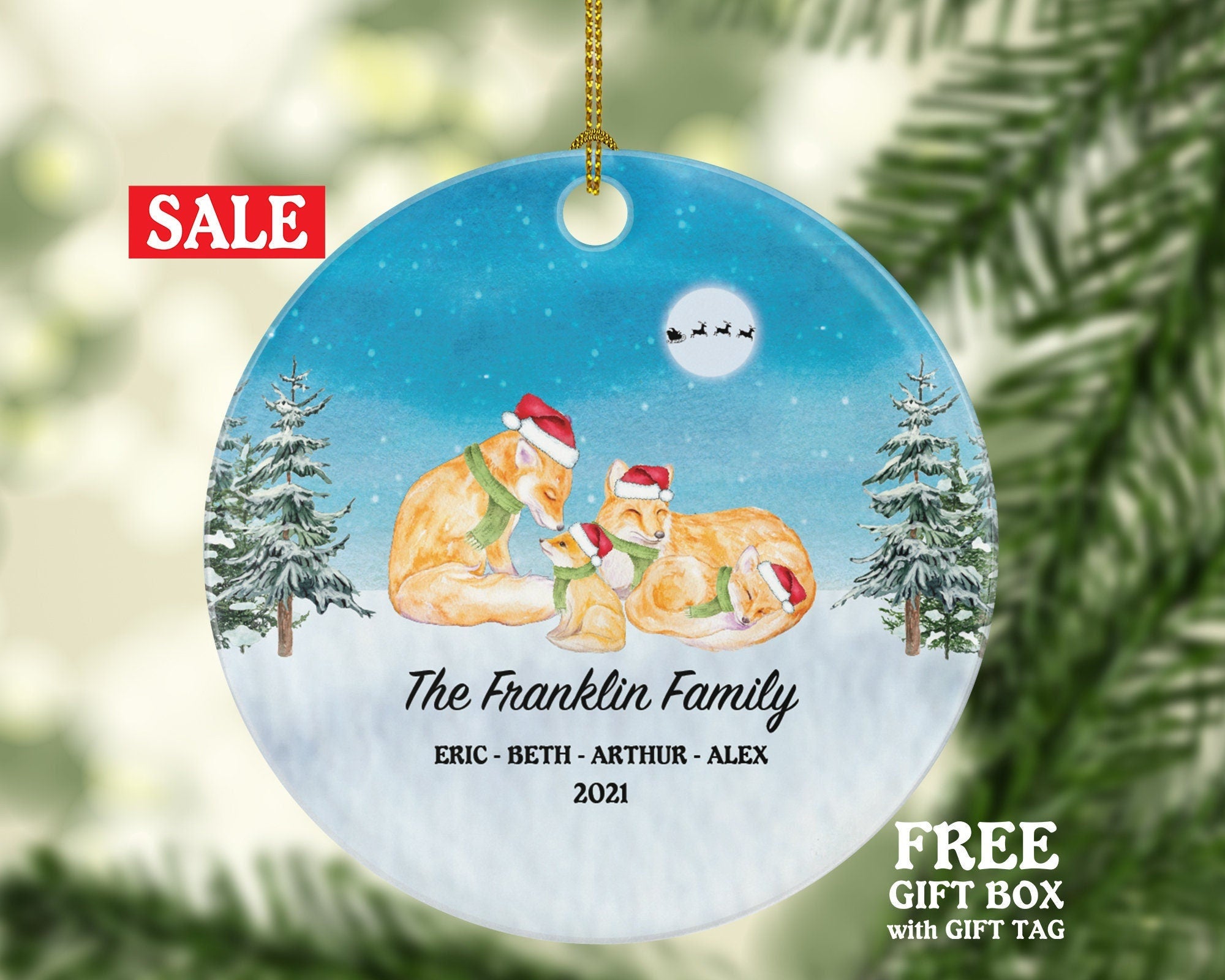 Personalized Family of 4 Christmas Ornaments Fox Foxes Family Custom Names Watercolor Family of Four First Ornament Gift for with Kids Xmas