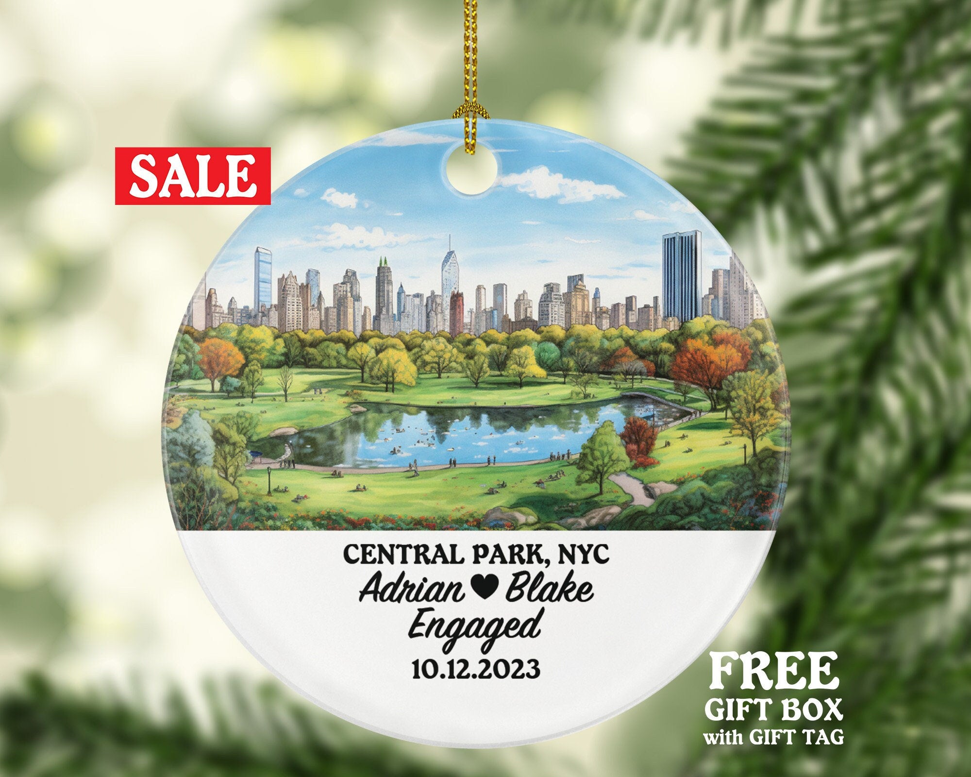 Central Park New York Christmas Ornament Personalized - Engaged Married Family Together Couple Travel Honeymoon Wedding Engagement Marriage
