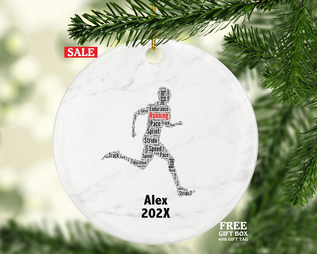 Running Jogging Ornament, Marathon Runner Gift, Track and Field Word Art, Custom Porcelain Ornament Keepsake, Athlete Holiday Gift