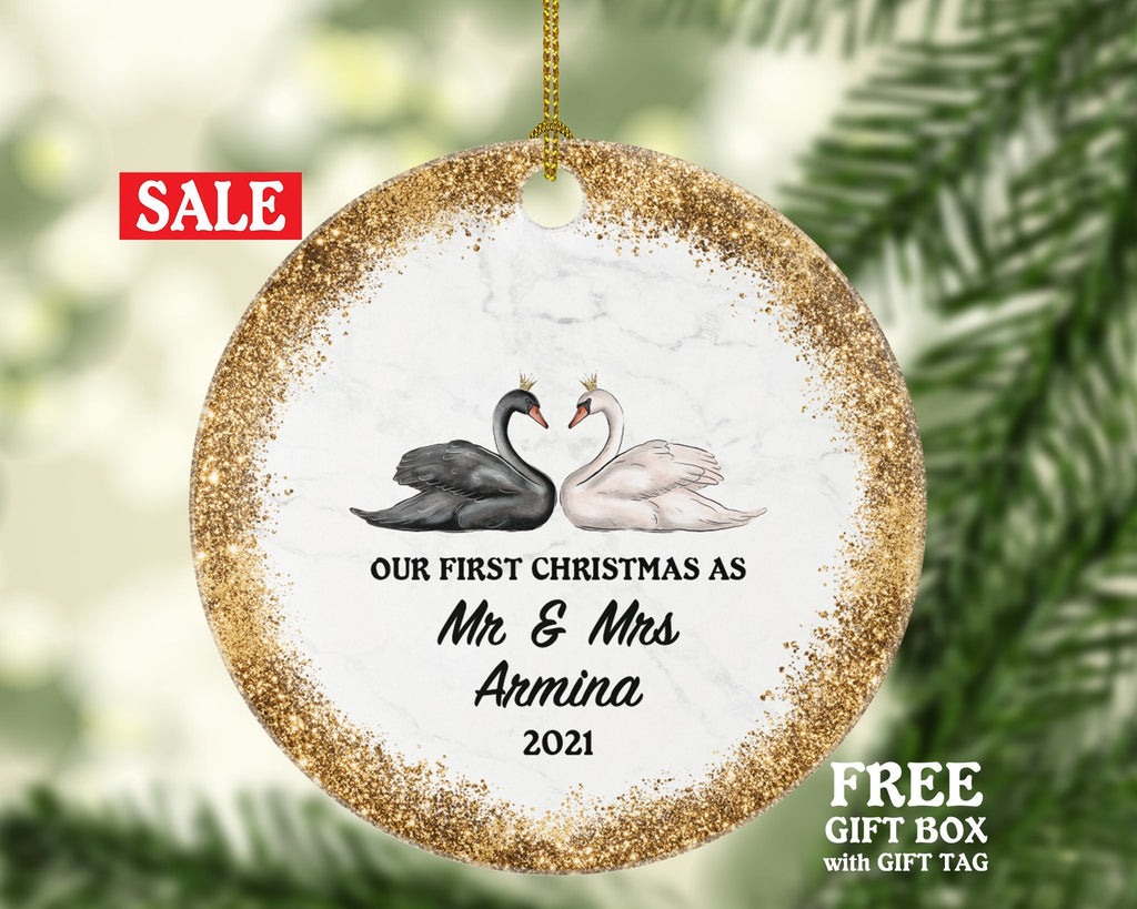 Our First Christmas as Mr & Mrs Married Couple Christmas Ornament Personalized - Newlywed Mr. and Mrs. Gift - Swans - Custom Family Name
