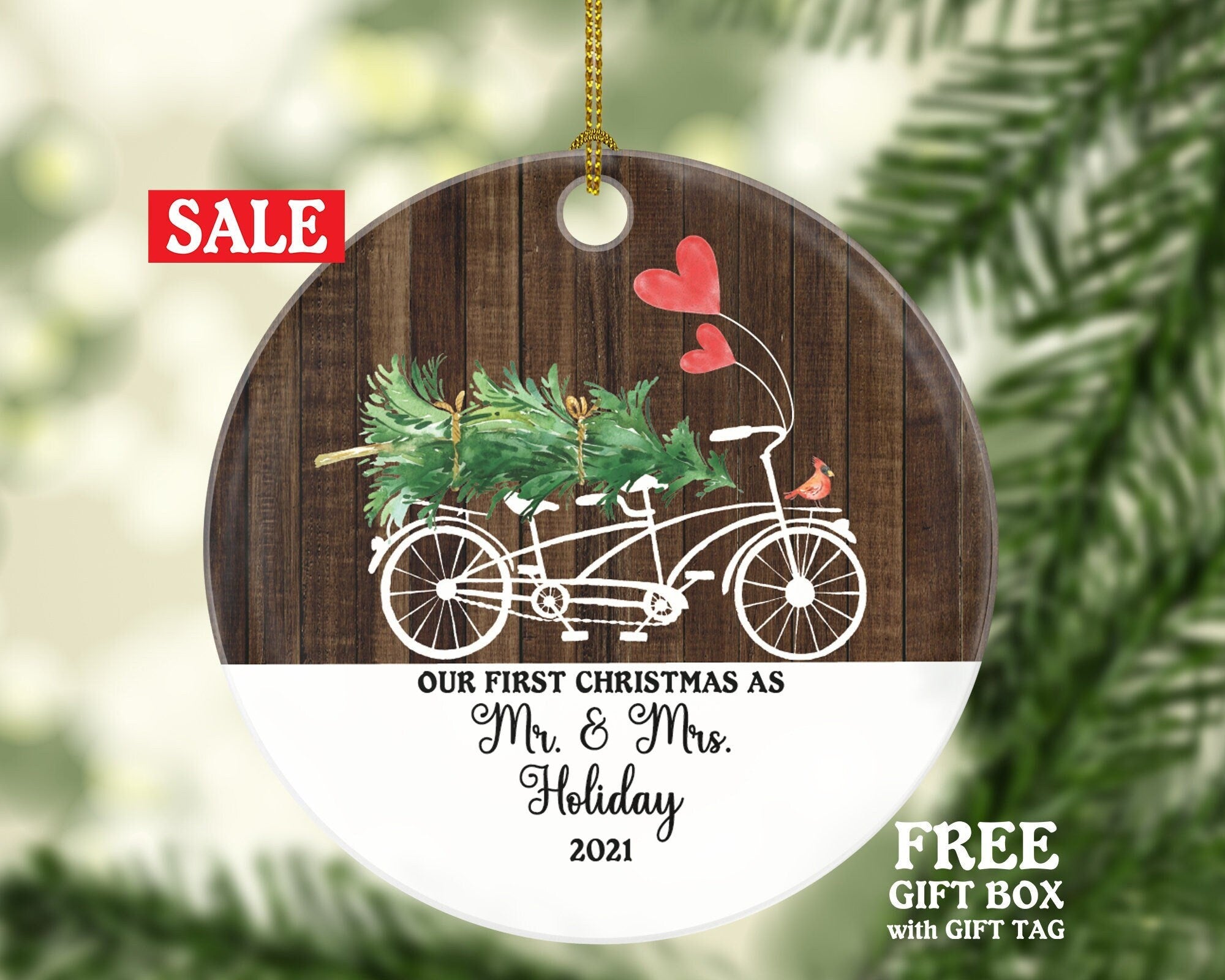 Personalized Mr & Mrs Christmas Ornament - Tandem Bicycle Couples Wedding Newlywed Gift Just Married Newly Wed Custom Bride Groom Wood Color
