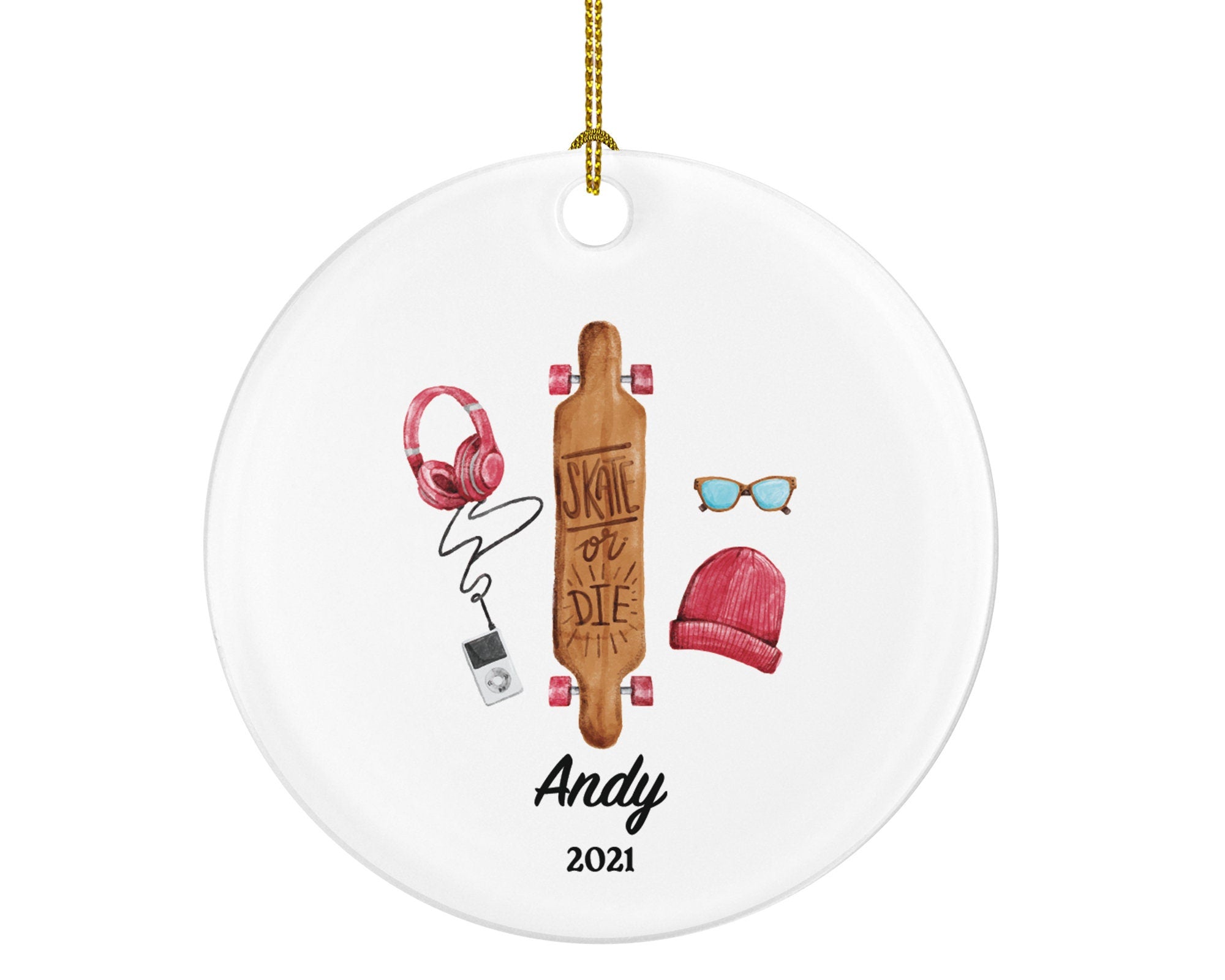 Personalized Skateboard Male Female Girl Boy Skating Christmas Ornament Skate Board Skater Lover Gift Watercolor Sports Hobby Occupation