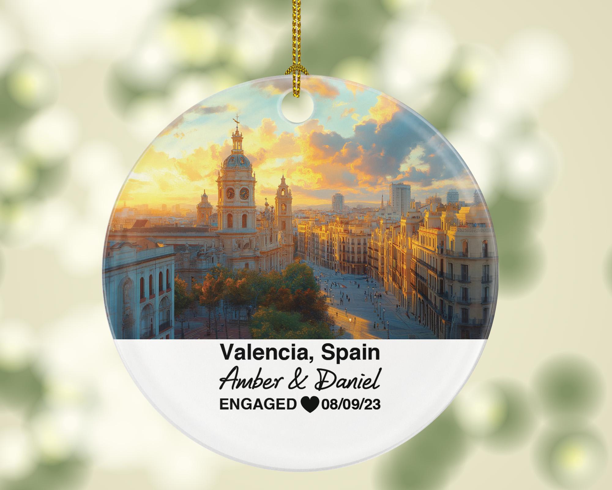 Valencia Spain Round Ceramic Christmas Ornament – Personalized Holiday Keepsake, Custom Couple Gift for Wedding or Honeymoon