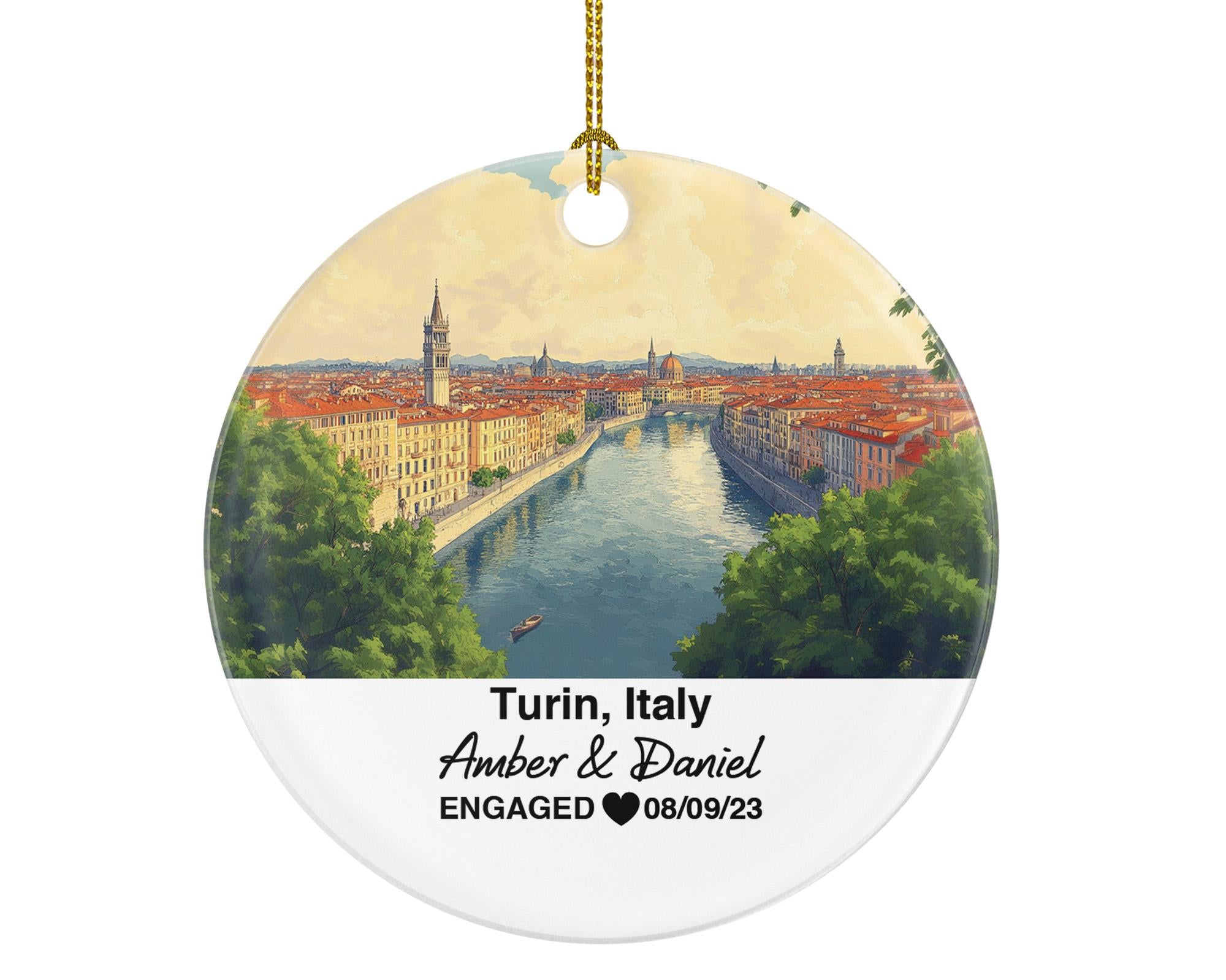Custom Italy Turin Christmas Ornament, River Po, Alpine Backdrop, Personalized Couple Gift, Celebrate Wedding, Engagement, Honeymoon