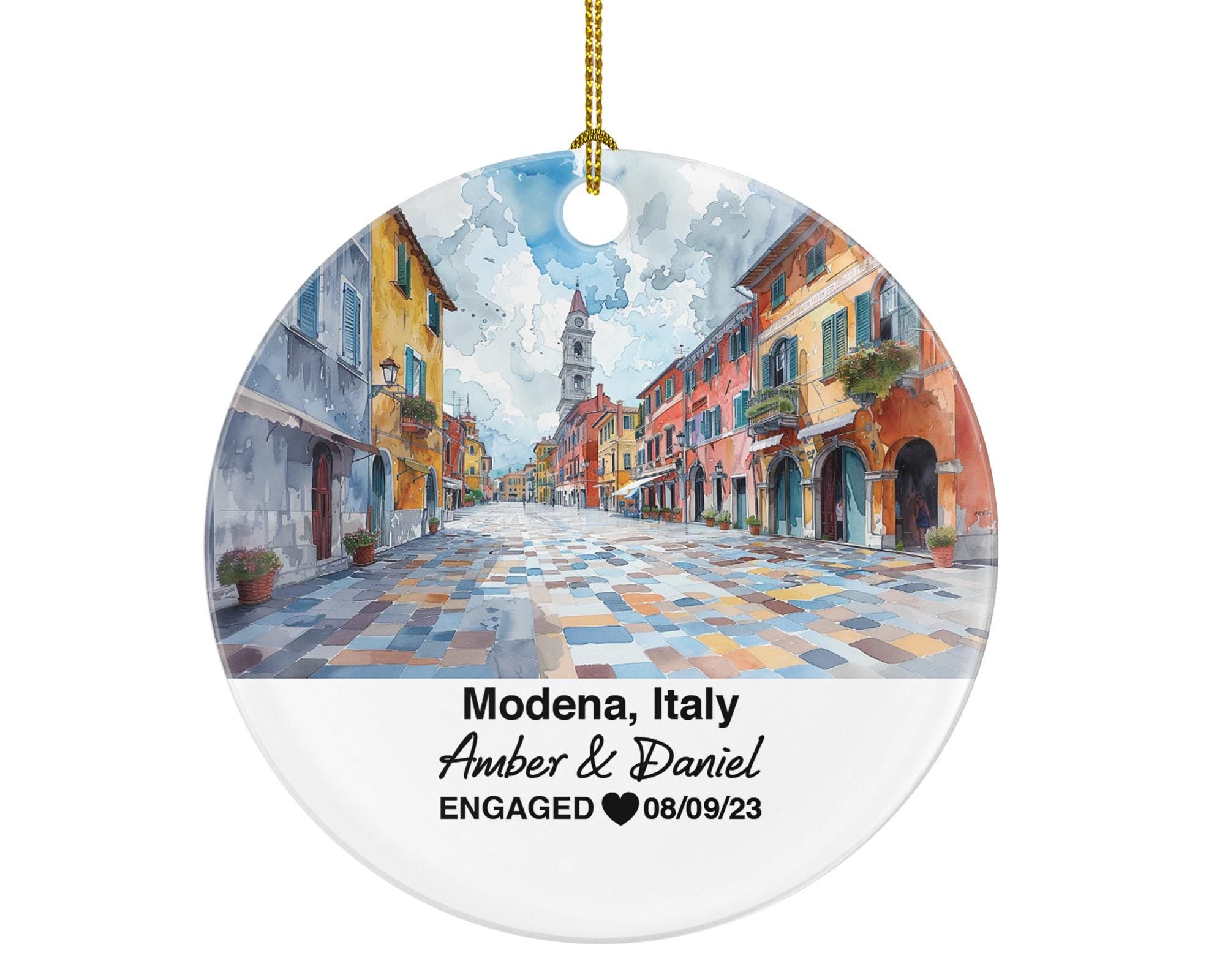 Custom Modena Italy Ornament, Enzo Ferrari Museum, Ghirlandina Tower, Personalized Couple Gift, Celebrate Wedding, Engagement, Honeymoon