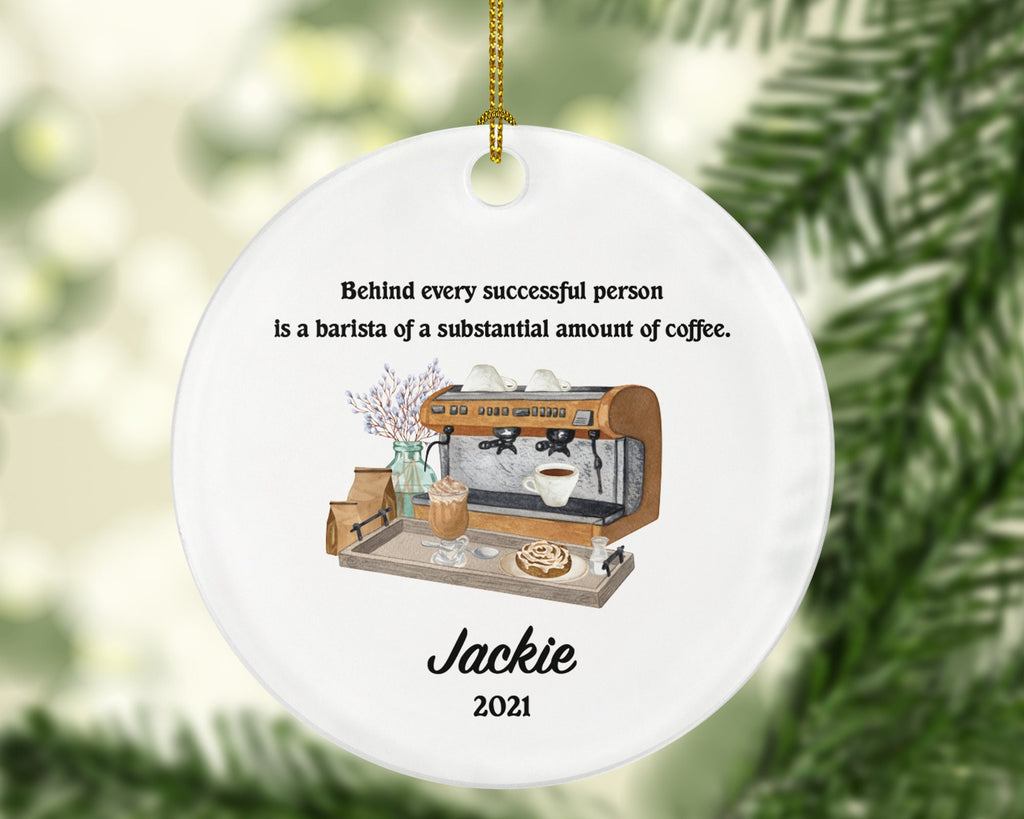 Personalized Barista Christmas Ornament - Coffee Machine Gift for Barista Custom Name Boss Employee Coffee Lover Watercolor Coffee Cup Xmas