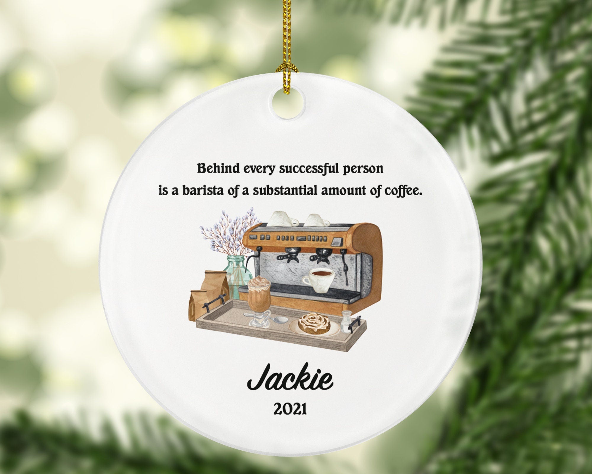 Personalized Barista Christmas Ornament - Coffee Machine Gift for Barista Custom Name Boss Employee Coffee Lover Watercolor Coffee Cup Xmas