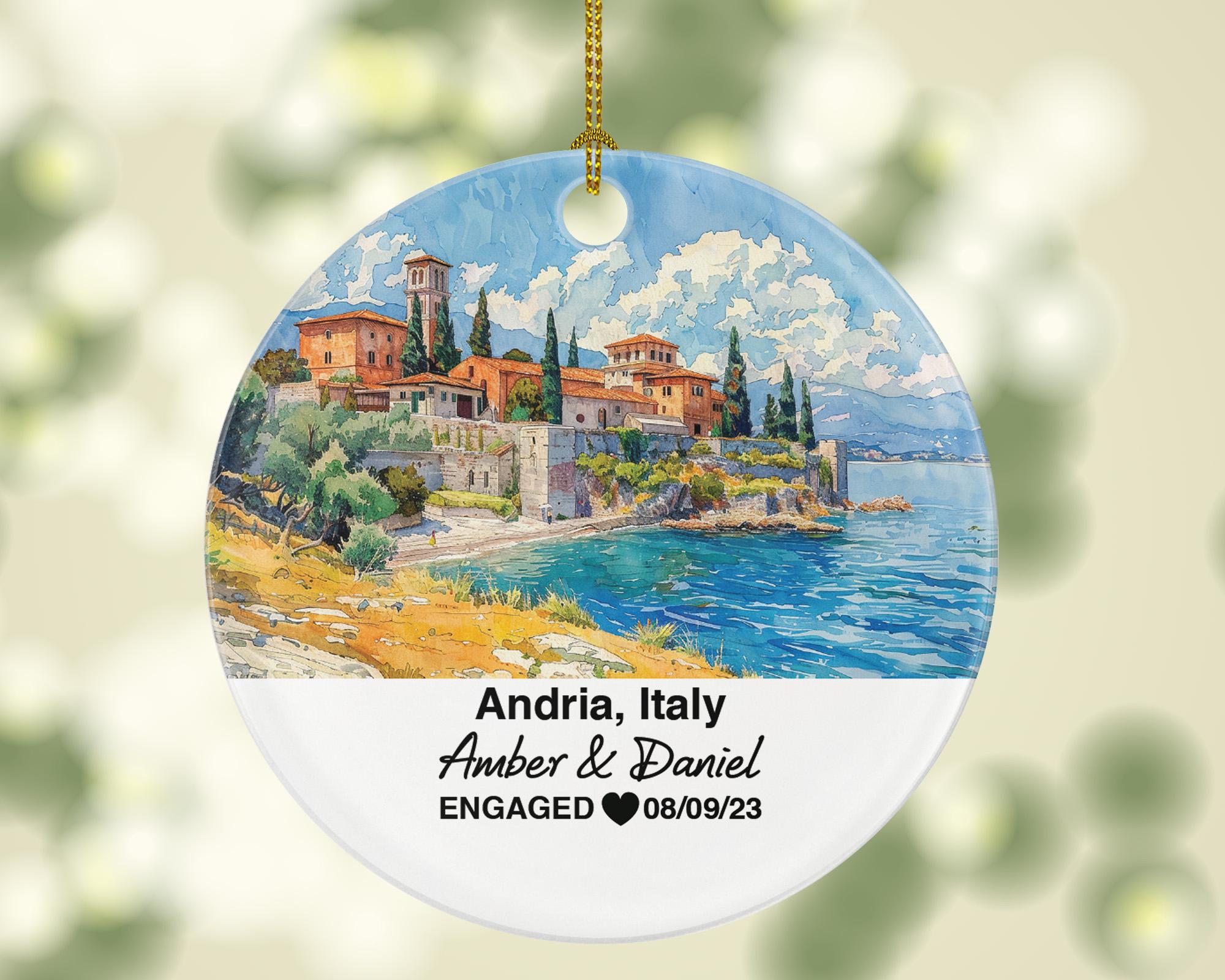 Personalized Andria Italy Christmas Ornament, Cathedral of Santa Maria, Mr & Mrs Wedding, Engagement, or Honeymoon Keepsake for Couples