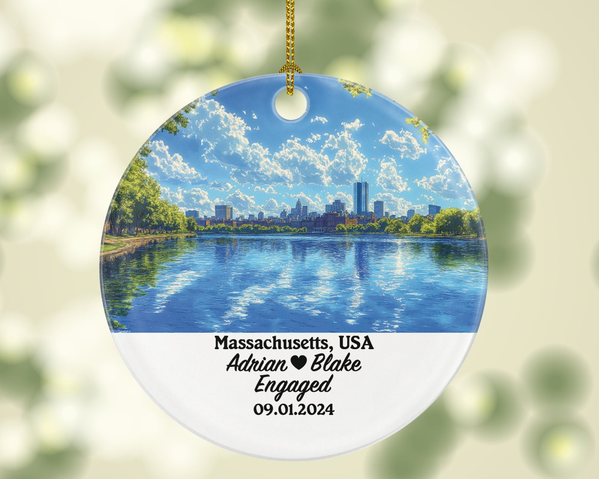 Massachusetts Christmas Ornament Personalized - MA Engaged Married Family Together Couple Travel Honeymoon Engagement Marriage