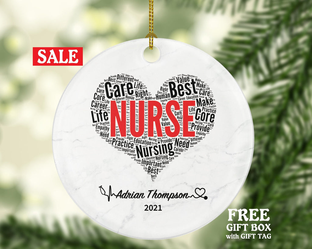 Nurse Wordart Heart Christmas Ornament Personalized - Nursing Registered Nurse Health Worker Gift from Patient for Nurse RN Custom Medical
