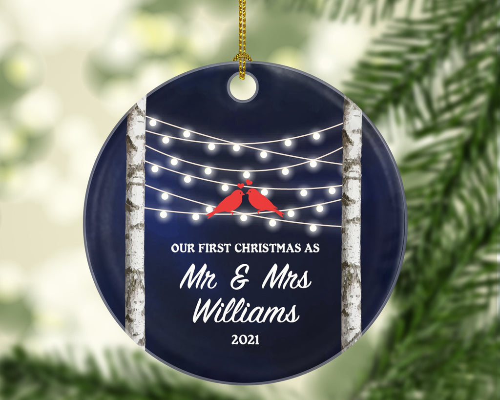 Our First Christmas as Mr & Mrs Couple Personalized Ornament - Newlywed Mr. and Mrs. Wedding Birds Couple Just Married Marriage Gift