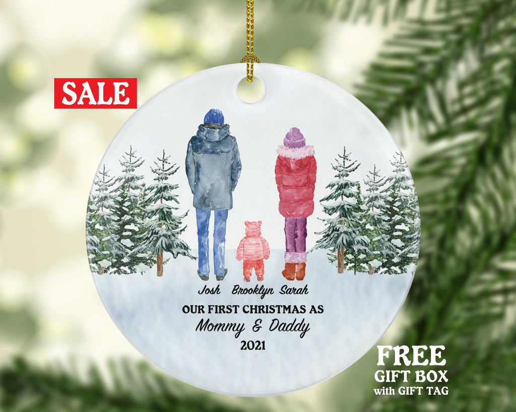 Our First Christmas as Mommy and Daddy Ornament New Baby Girl Boy Parents Mother Father Mom Dad Gift Watercolor Winter Portrait Kid Child