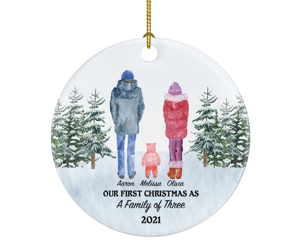 Our First Christmas as a Family of 3 Ornament - New Baby Girl Boy Parents Mother Father Mom Dad Gift Watercolor Winter Kid Child