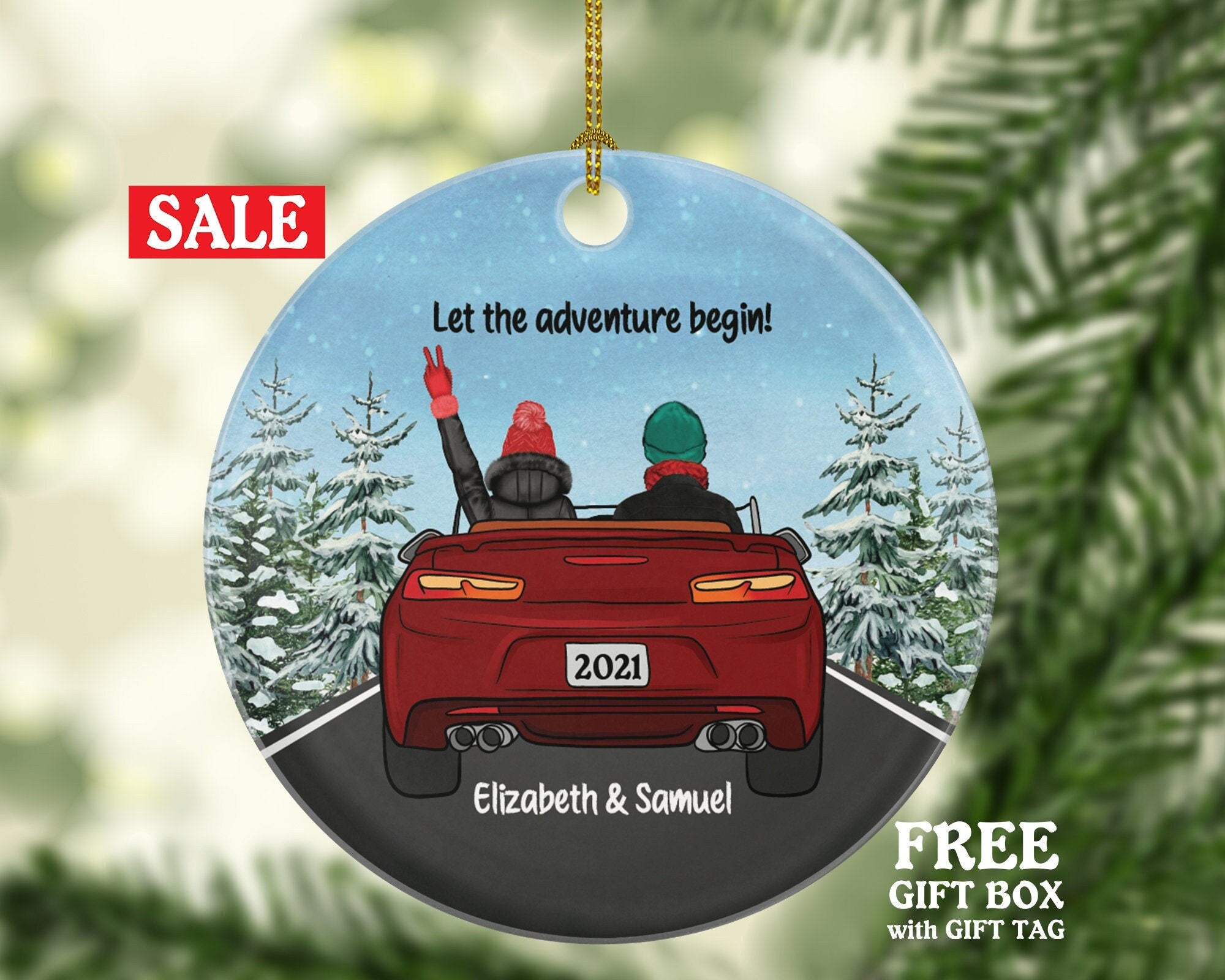 Couple In A Car Driving Christmas Ornament - Traveled Together Our First Trip Personalized Wedding Engaged New Couple Gift for Convertible