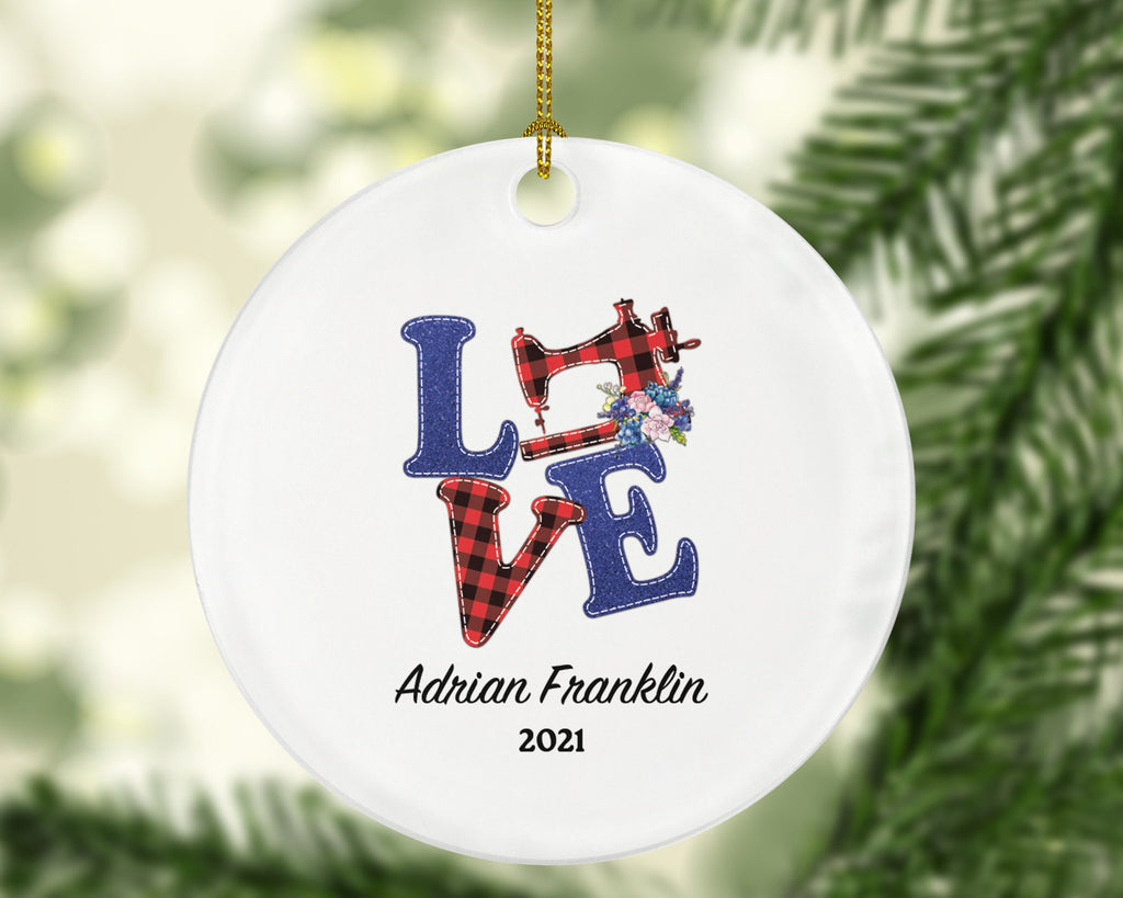 Sewing Love Christmas Ornament Personalized - Sewing Lover - Sewer Quilter Stitcher Tailor Custom Gift - Sewing Machine Tree