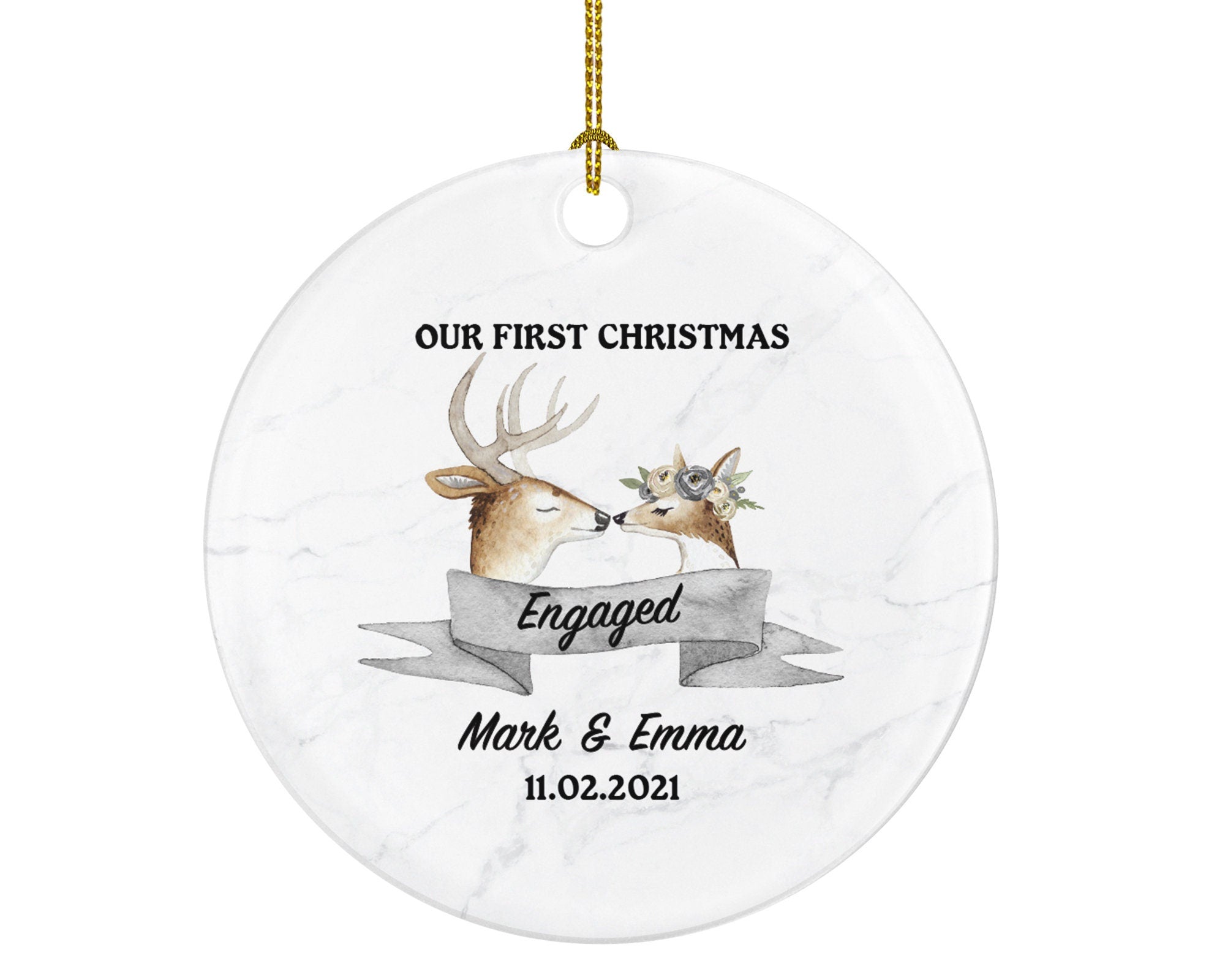First Christmas Engaged Personalized Ornament - Engagement Announcement Couple Gift - Deer Couple