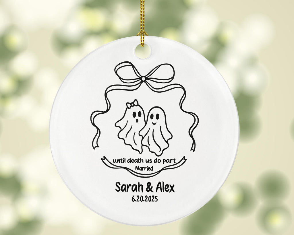 Minimalist Line Art Ghost Couple Wedding Ornament – "Until Death Us Do Part" Custom Married Keepsake Gift