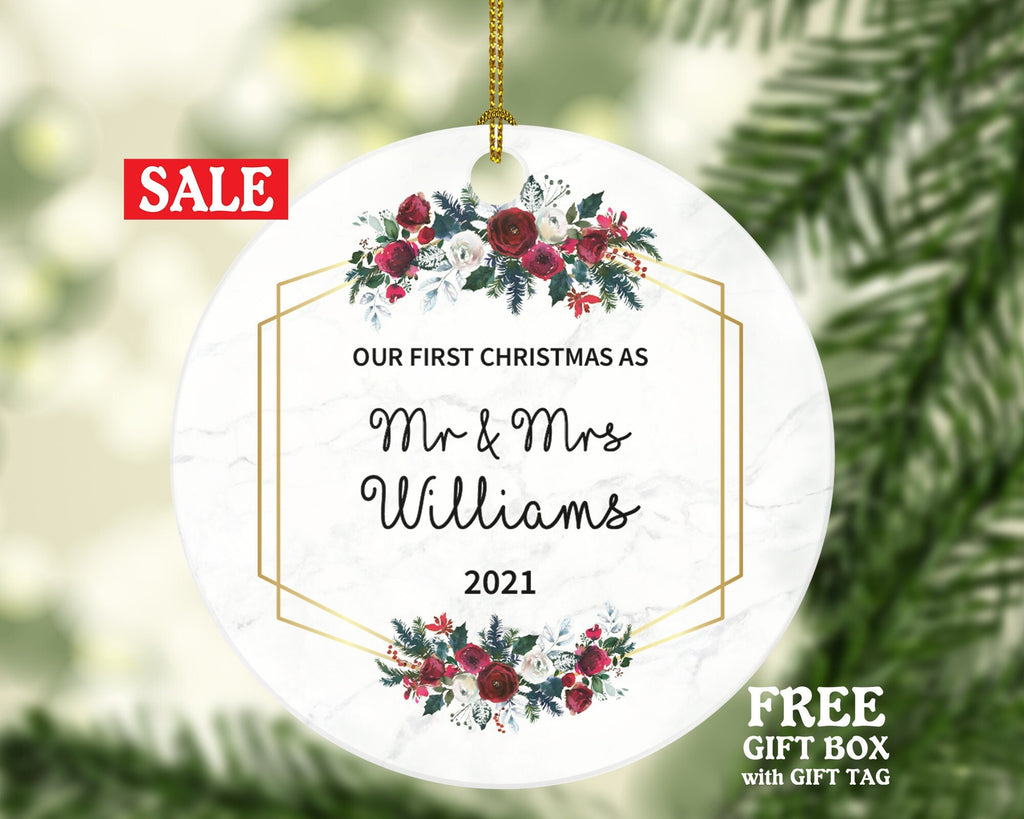 Our First Christmas as Mr & Mrs Personalized Ornament - Newlywed Mr. and Mrs. Wedding Couple Just Married Marriage Gift