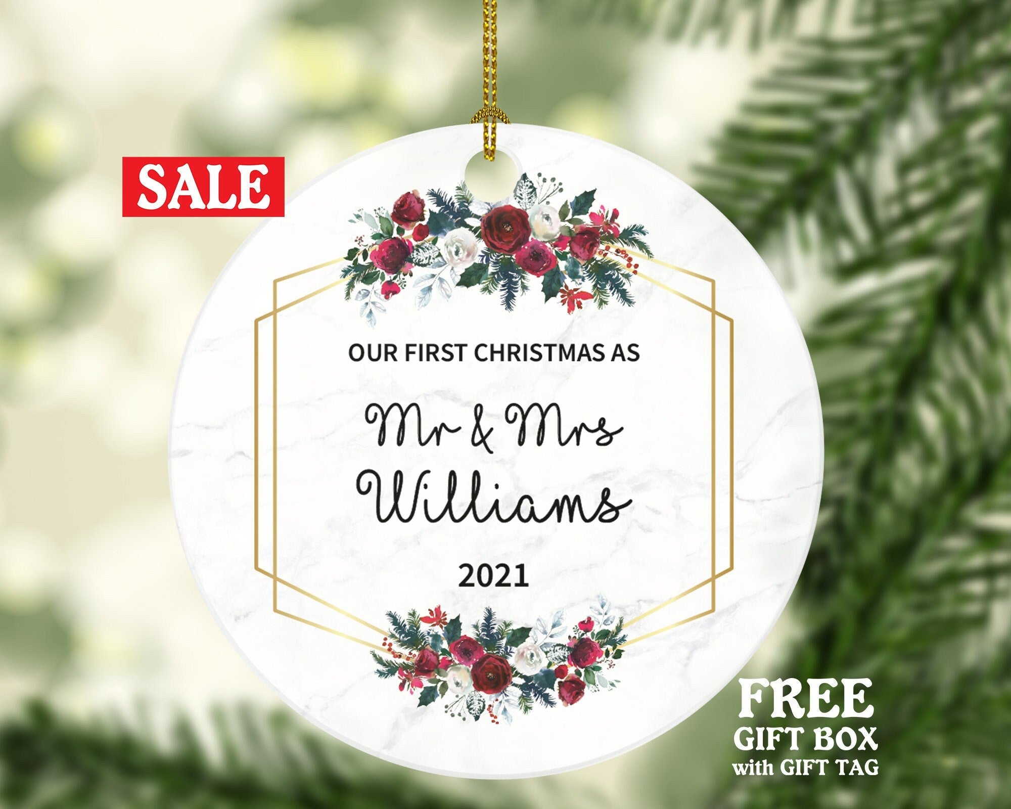 Our First Christmas as Mr & Mrs Personalized Ornament - Newlywed Mr. and Mrs. Wedding Couple Just Married Marriage Gift