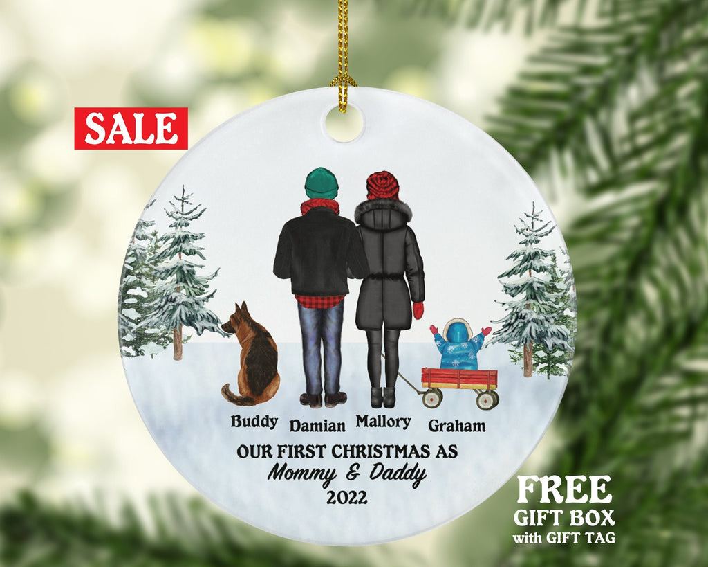 Mommy Daddy with Baby and Dog Cat Pet Personalized Christmas Ornament Custom Family of 3 Fur New Mom Dad Newborn Gift Lover Owner Holiday