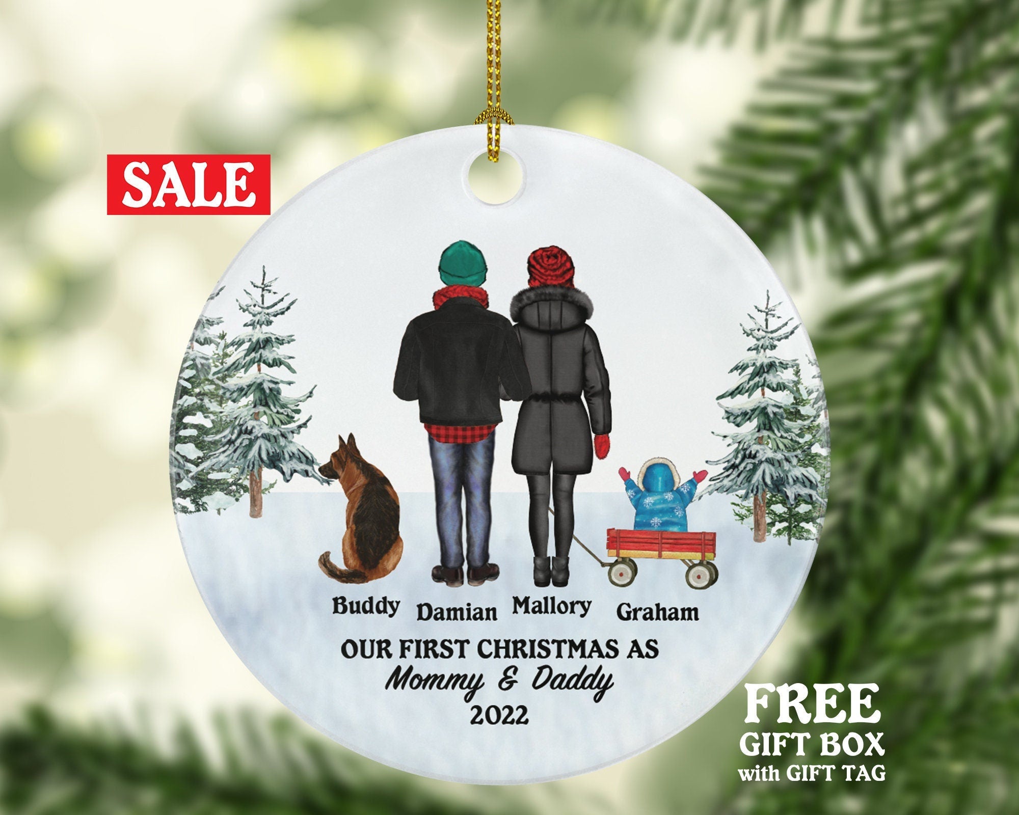 Mommy Daddy with Baby and Dog Cat Pet Personalized Christmas Ornament Custom Family of 3 Fur New Mom Dad Newborn Gift Lover Owner Holiday