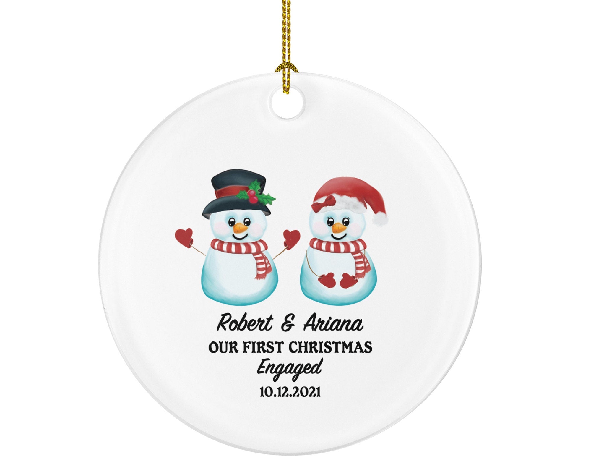 First Christmas Engaged Personalized Ornament - Engagement Announcement Couple Gift - Snowmen