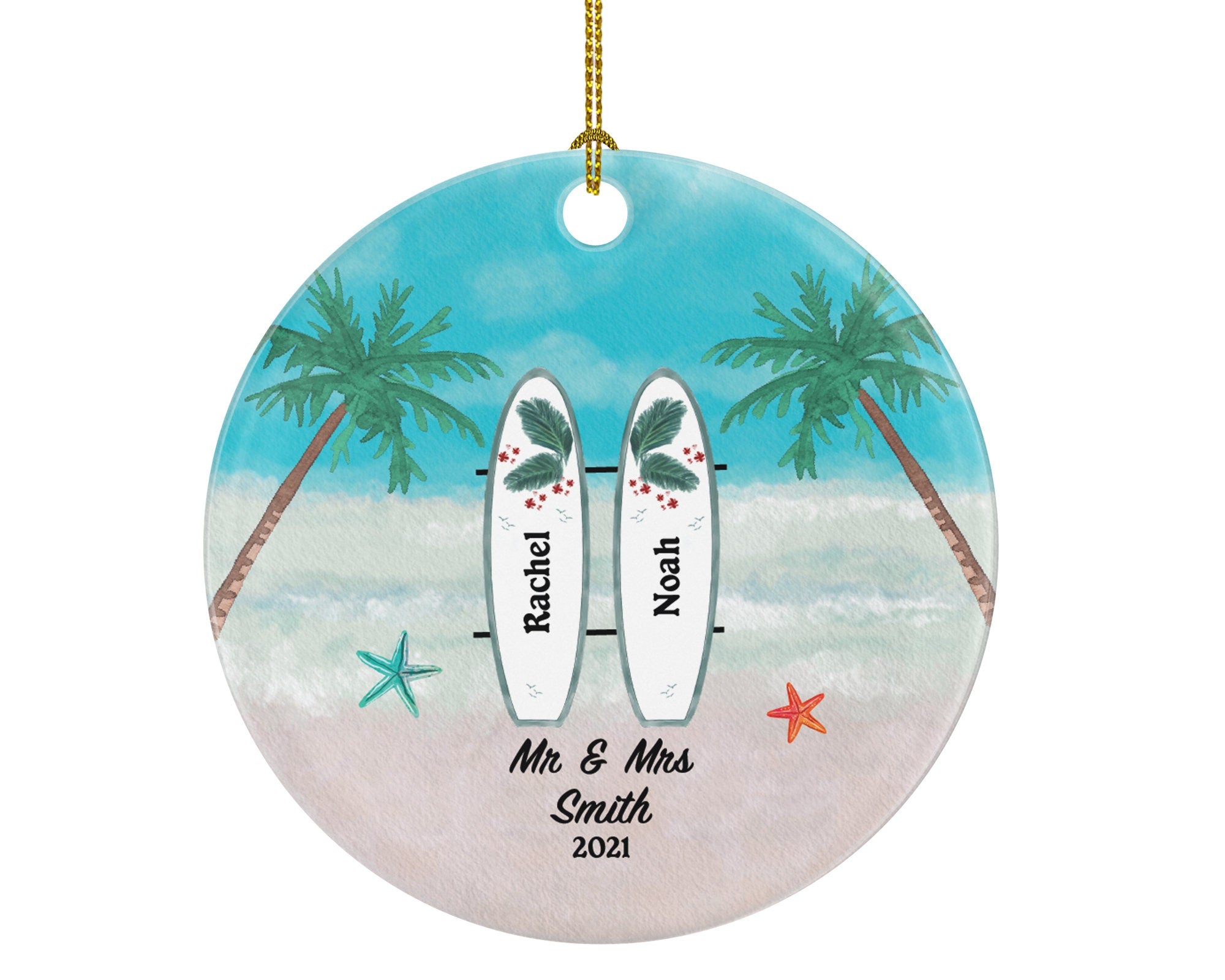 First Christmas as Mr & Mrs Beach Wedding Personalized Ornament - Custom Mr. and Mrs. Marriage - Couple Surfboard Surf Board Bride Groom
