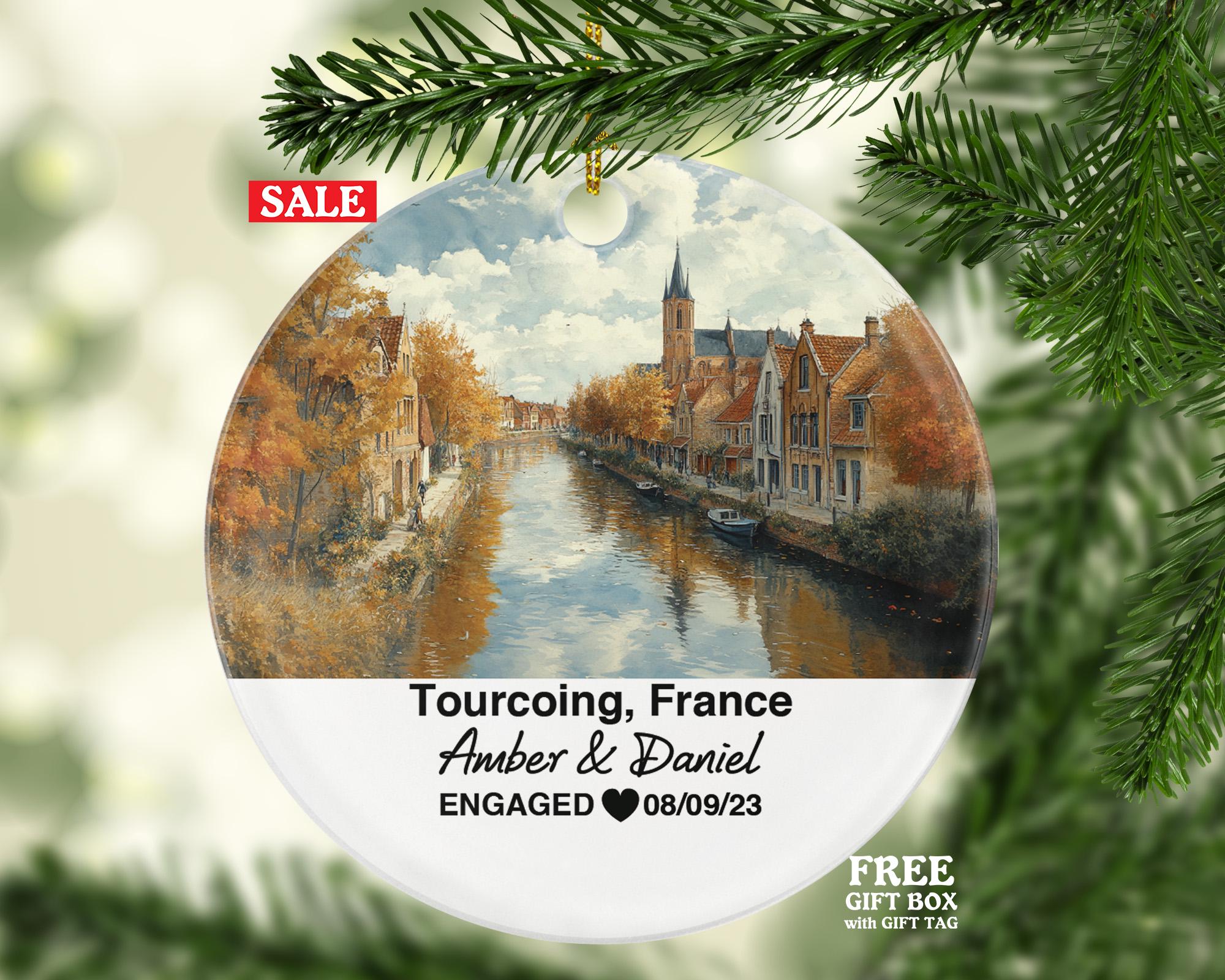 Personalized Tourcoing France Christmas Ornament, Historic Architecture, Vibrant Markets, Mr & Mrs Wedding, Engagement, or Honeymoon Keepsake for Couples