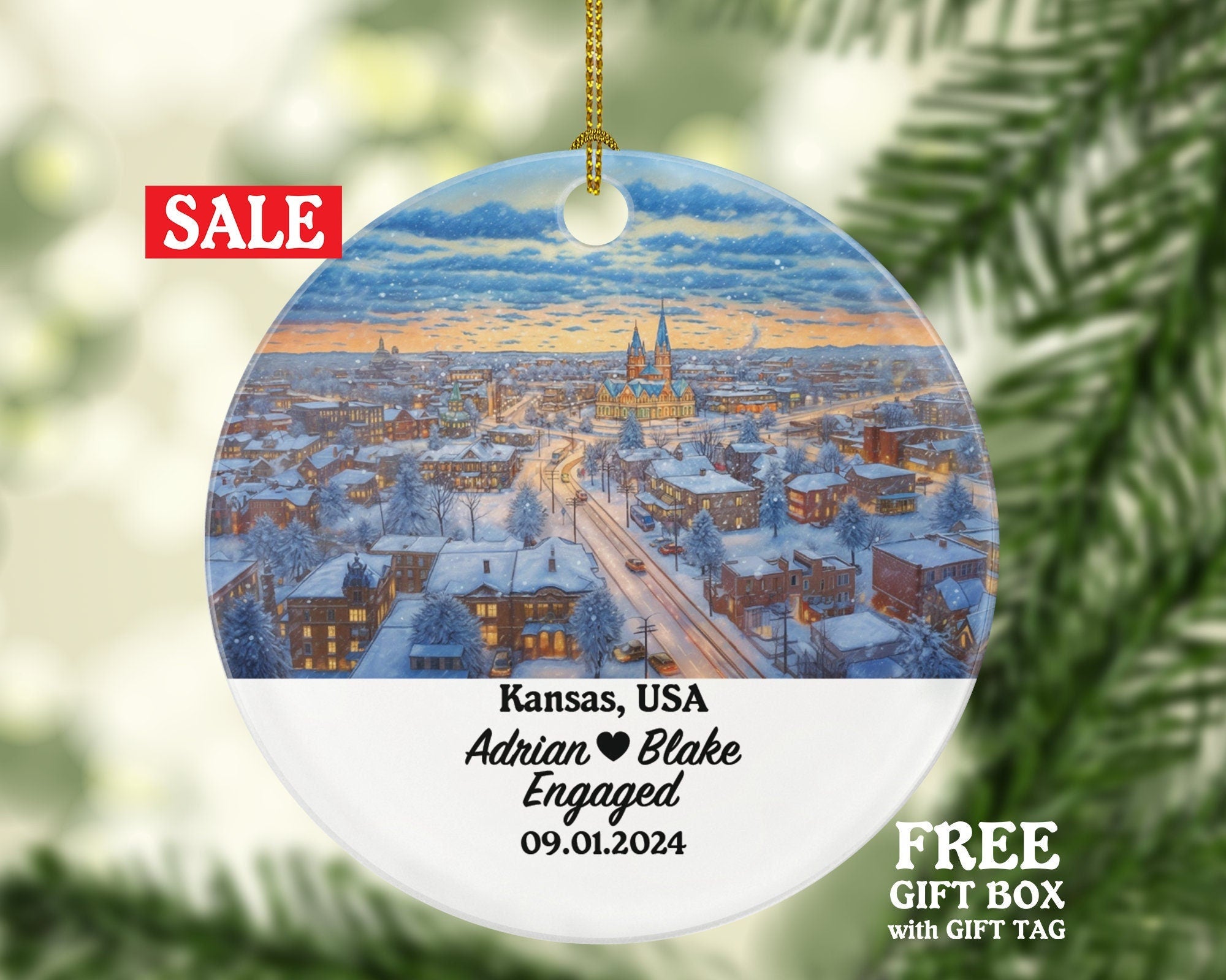 Kansas Christmas Ornament Personalized - KS Engaged Married Family Together Couple Travel Honeymoon Engagement Marriage