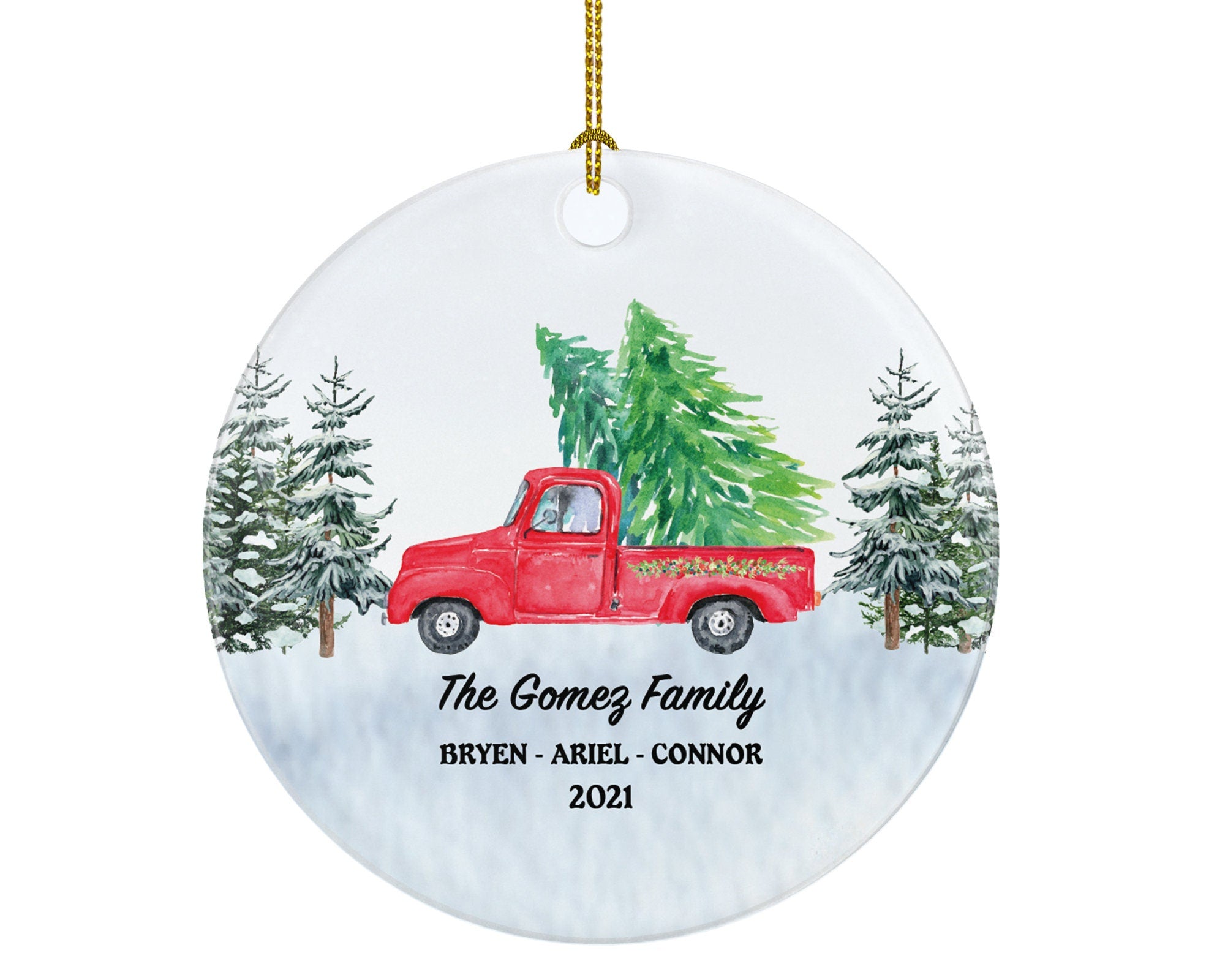 Personalized Red Pickup Truck Family Christmas Ornament - Vintage Red Pick up Car Gift Custom Ornament With Name Road Trip - Farmhouse Decor