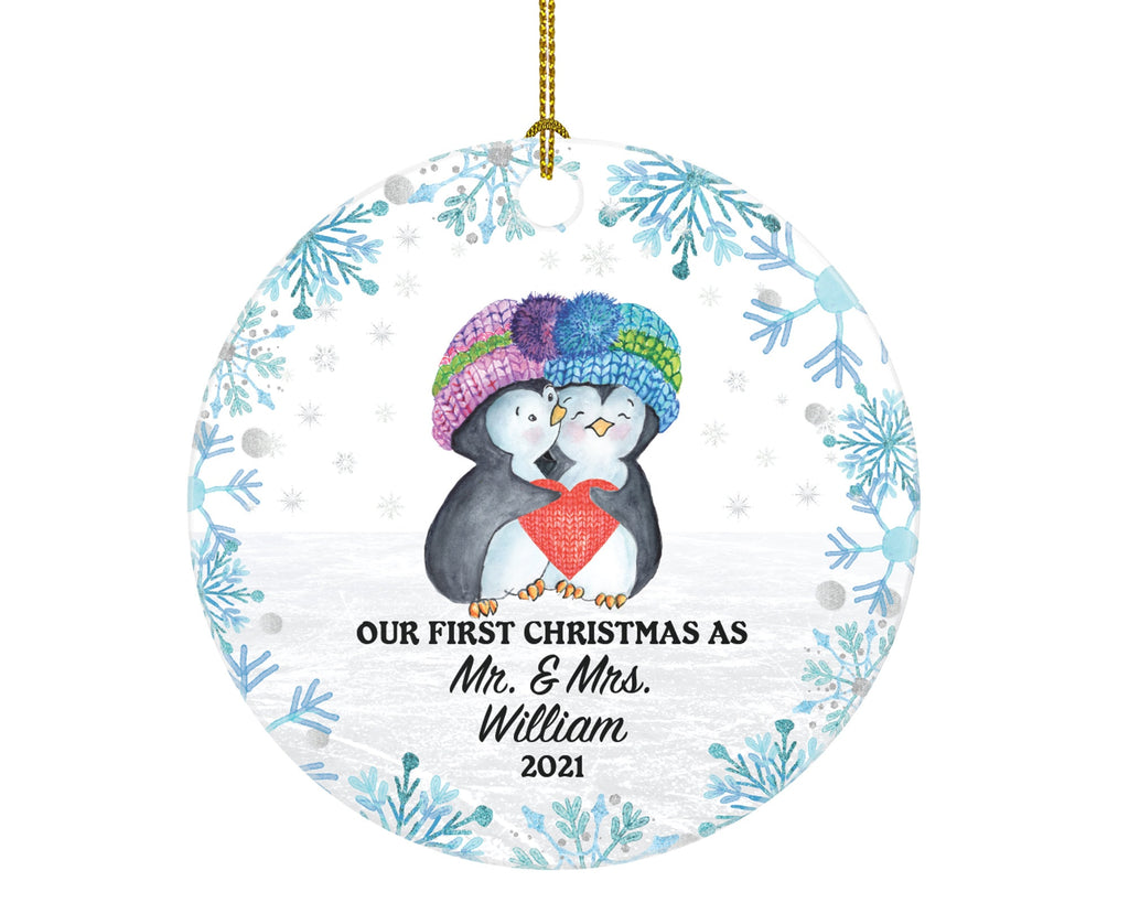 Our First Christmas as Mr & Mrs Couple Personalized Ornament - Newlywed Mr. and Mrs. Wedding Penguin Couple Just Married Marriage Gift