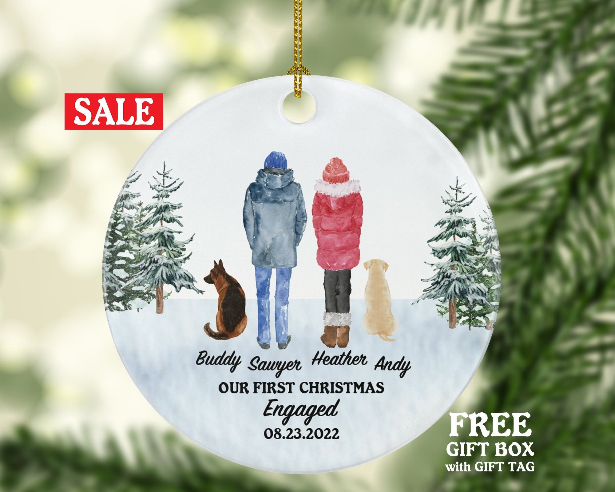 Dog Cat Pet Owner Engaged Couple Personalized Christmas Ornament First Engagement Announcement Custom Lover Gift Fur Holiday Rescue Breeds