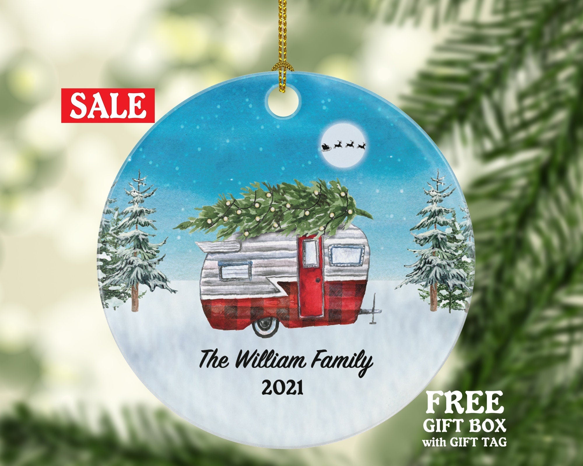 Camping Pull Trailer RV Camper Family Christmas Ornament - Personalized Vacation Red Lumberjack Recreational Gift Vintage