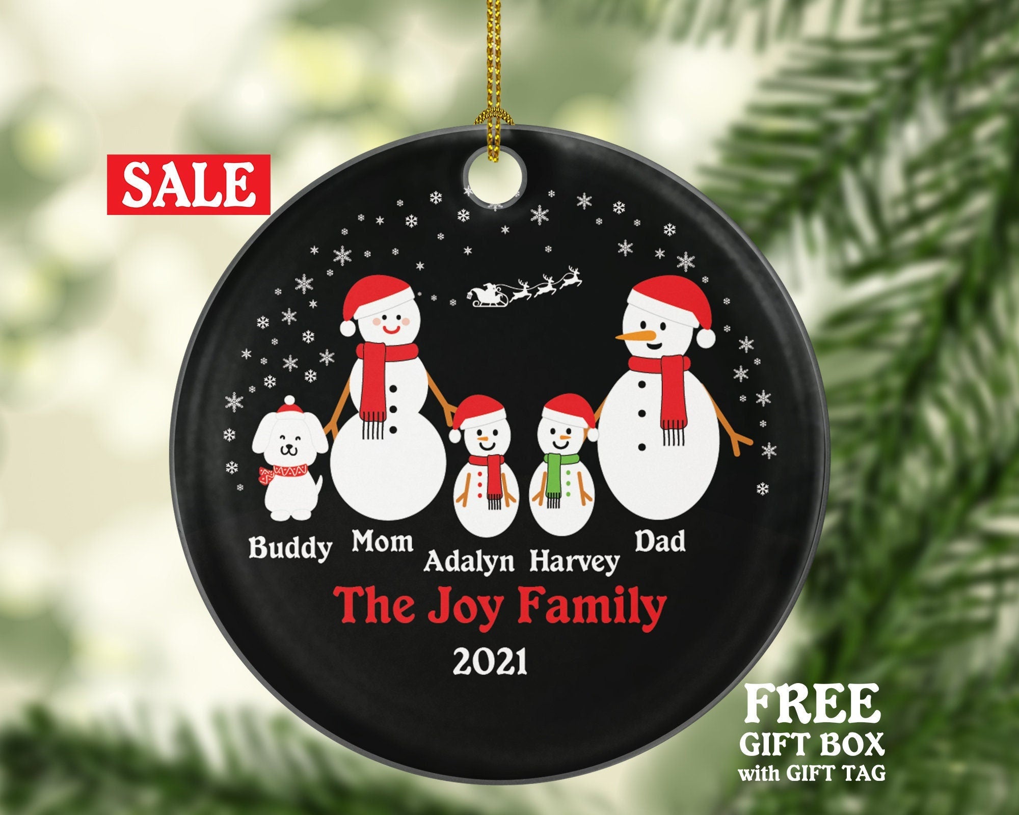 Personalized Family of 4 Ornament with Dog Pet, Personalized Snow Family of 4, Personalized Free, Family of 4 Christmas Ornament