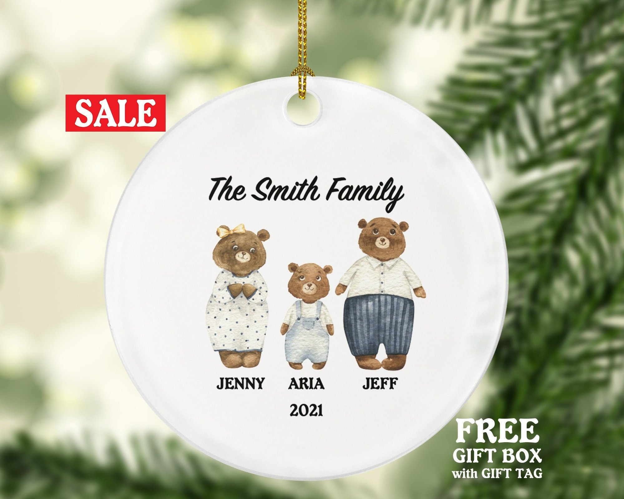 Family of 3 Christmas Ornament Personalized - Parents Mother Father Child Mom Dad Gift - Teddy Bear Family