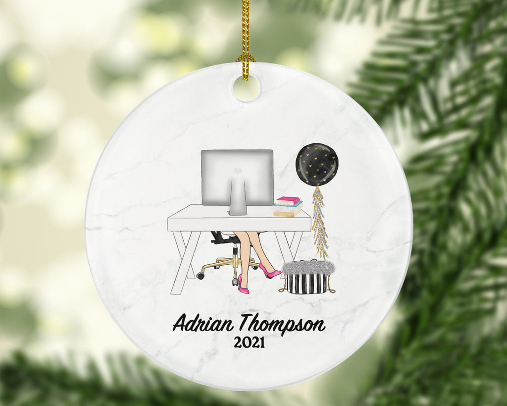 Working From Home Female Christmas Ornament - Personalized Laptop Computer Work Distance Studying Custom Name