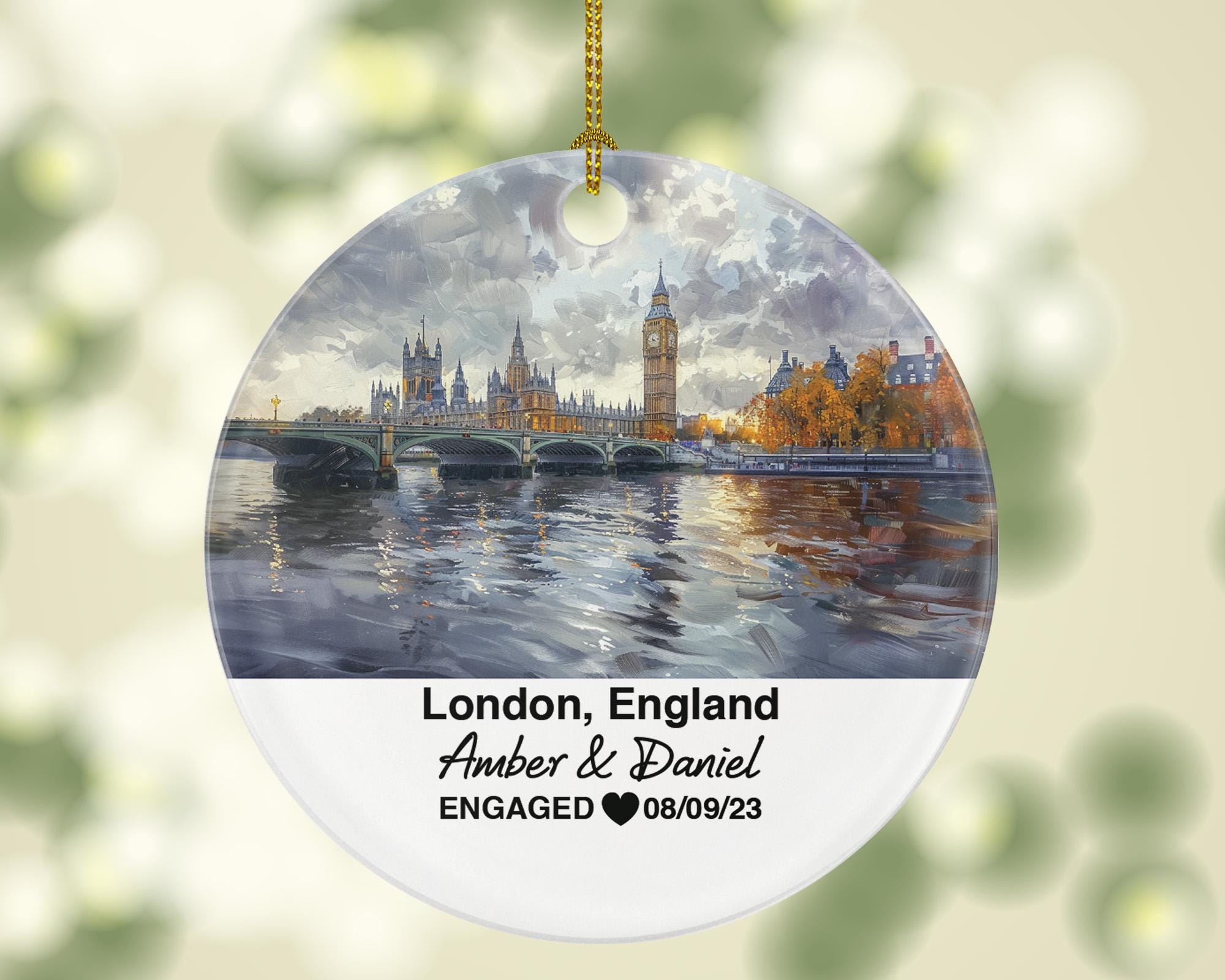 London England Round Ceramic Christmas Ornament – Personalized Big Ben, Tower Bridge Keepsake, Custom Couple Gift for Wedding or Honeymoon