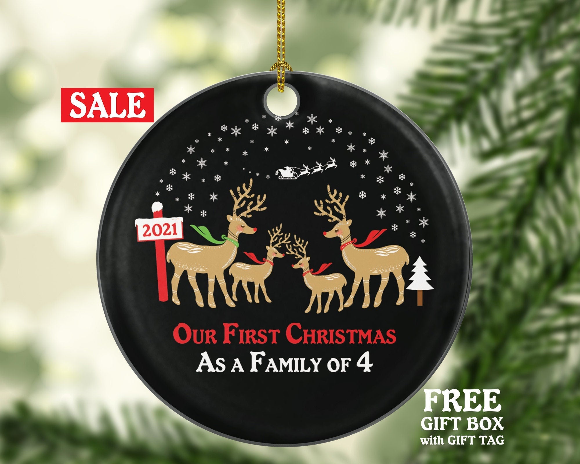 First Christmas As A Family Of 4 Ornament - Four Snow Deer Reindeer Kids Children Mom Dad New Mommy Daddy Baby Girl Boy Father Mother