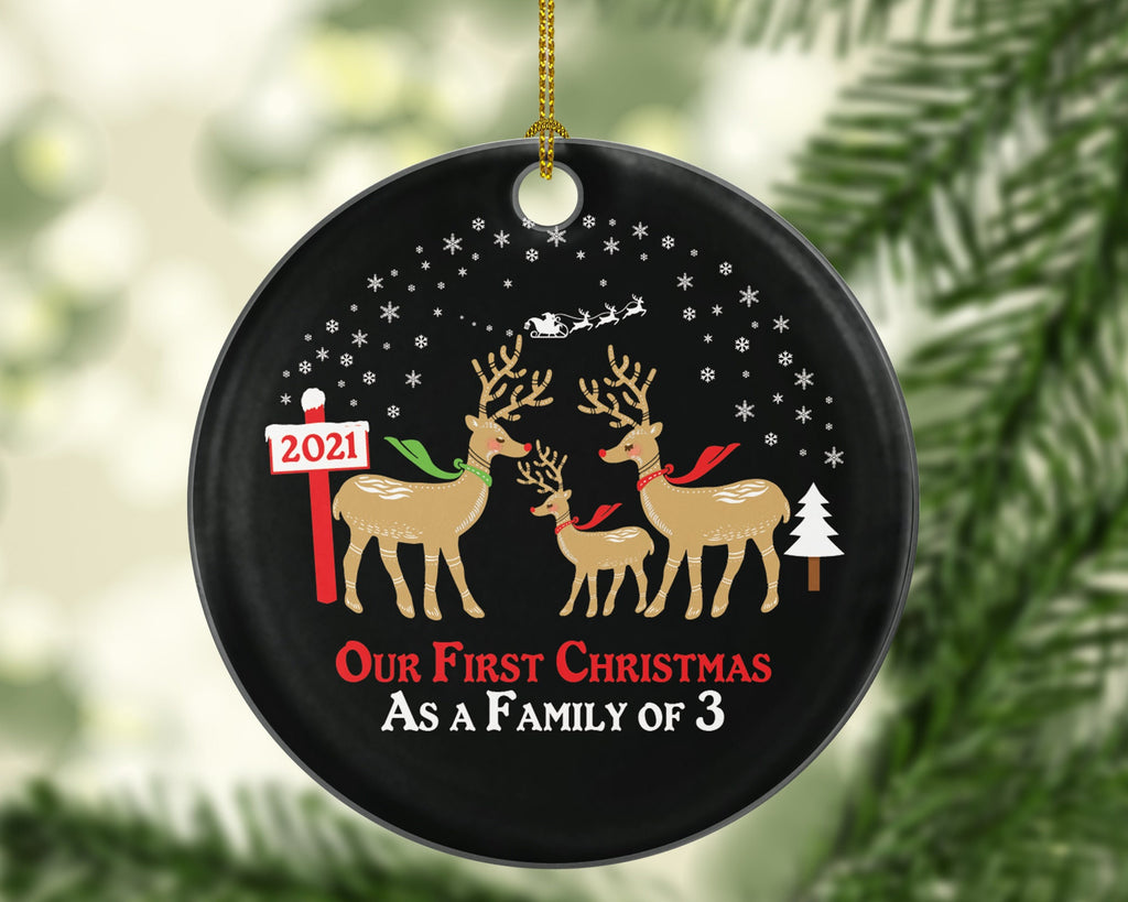 First Christmas As A Family Of 3 Three Ornament - Baby Girl Boy New Deer Reindeer Kids Children Mom Dad Mommy Daddy Girl Boy Father Mother