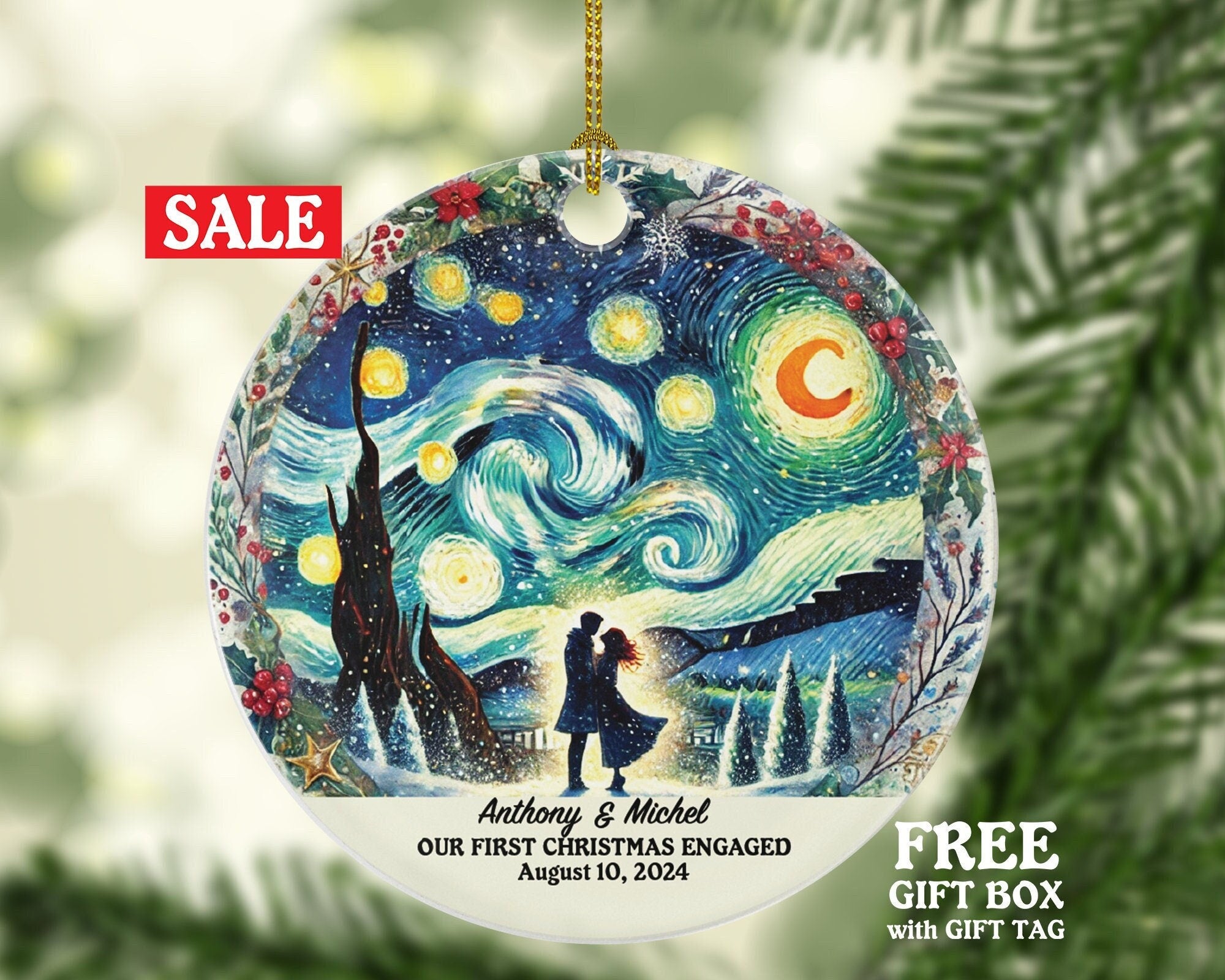 First Christmas Engaged Custom Ornament - Personalized Engagement Announcement Couple Gift - Custom Date Name - Future Husband Wife