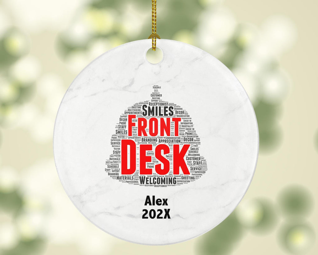Front Desk Ornament, Receptionist Gift, Office Staff Appreciation, Custom Word Art Holiday Decoration, Ceramic Keepsake