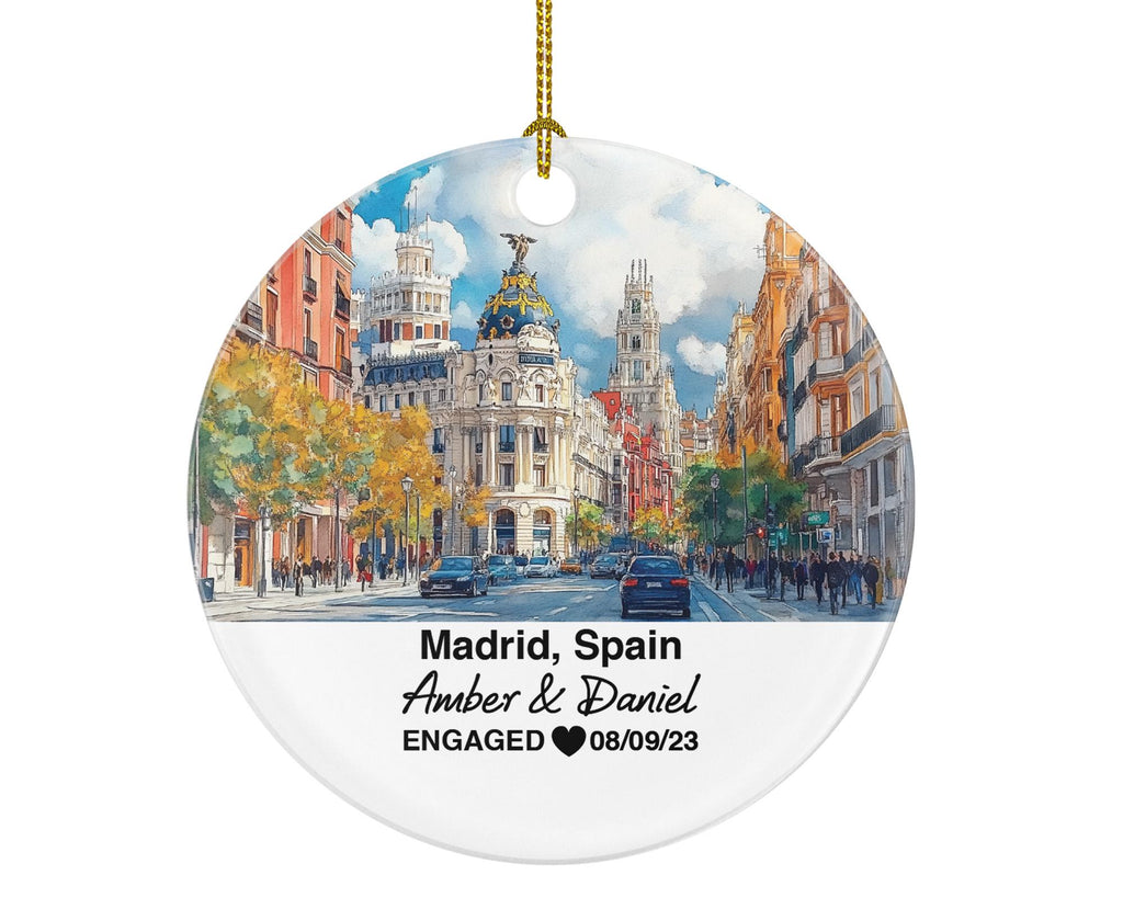Madrid Spain Round Ceramic Christmas Ornament – Personalized Holiday Keepsake, Custom Couple Gift for Wedding or Honeymoon