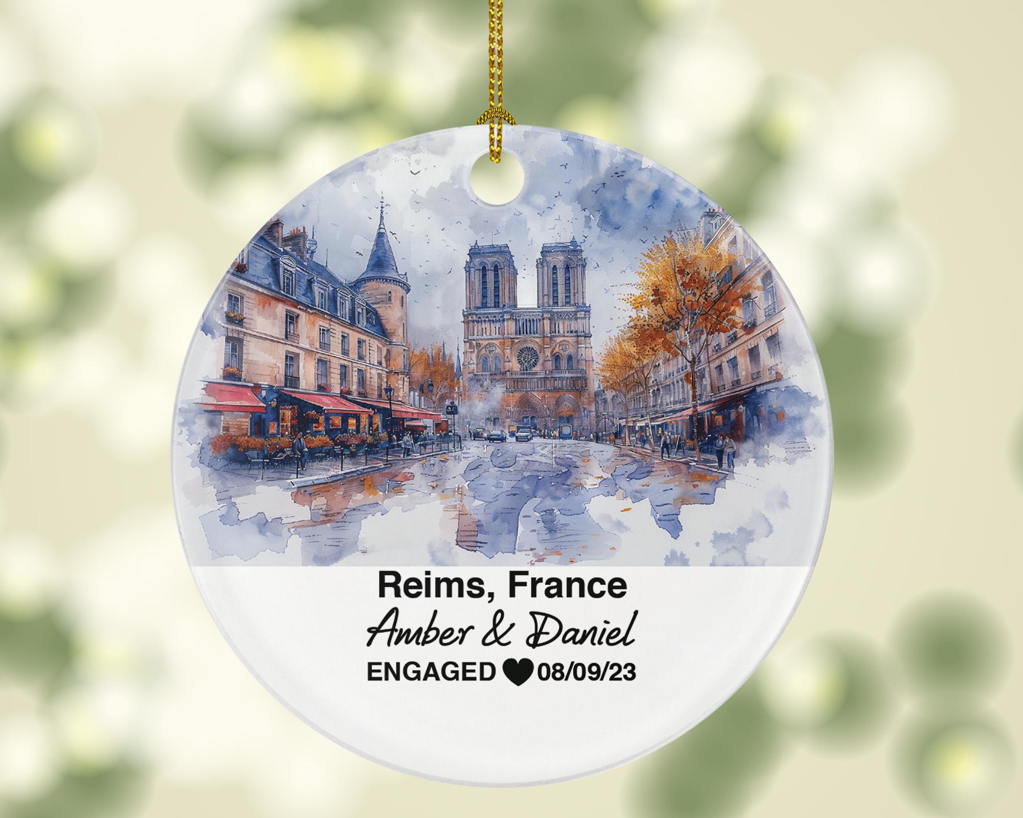 Personalized Reims France Christmas Ornament, Notre-Dame Cathedral, Mr & Mrs Wedding, Engagement, or Honeymoon Keepsake for Couples