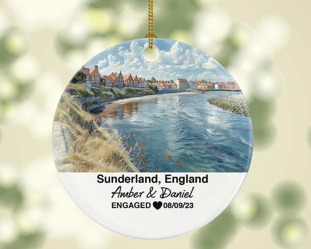 Sunderland England Round Ceramic Christmas Ornament – Personalized United Kingdom Keepsake, Custom Couple Gift for Wedding or Honeymoon