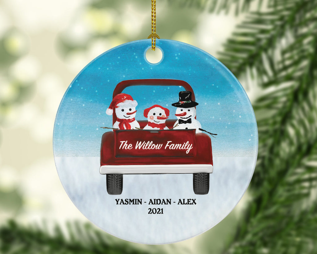 Family of 3 Christmas Ornament Personalized - Parents Mother Father Child Girl Boy Mom Dad Gift - Snowmen Family in Truck